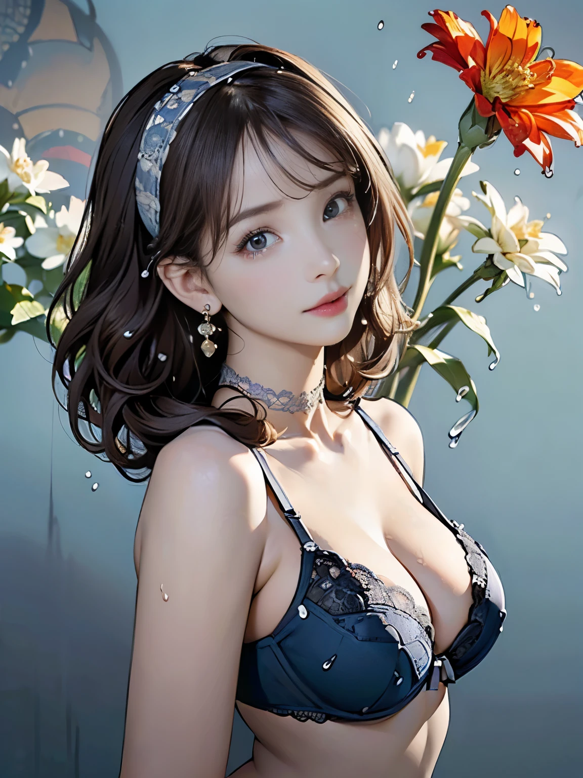 ((((highest quality))))、(((Ultra-precision CG16K wallpaper)))、(((masterpiece)))、(((Super detailed)))、(((Extreme detail)))、((１Mature 29 year old woman:1.6))、((Very beautiful Japanese faces))、((Zuo々Nozomi:1.5))、((Soft Wave Medium Hair、blunt bangs:1.5))、(Shiny brown hair)、Beautiful Eyes、Clearly defined pupils、eyeliner、Eyeshadow、High nose、Small nostrils、Small Mouth、Seductive lips、Beautiful breasts、((C cup size breasts))、Cleavage、Beautiful feet、eight-headed body、Perfect proportions、Perfect Anatomy、Perfect composition、Beautiful detailed shading、Beautiful, natural lighting、Beautiful detail glow、Depth of written boundary、(((High chroma)))、(((Real:1.9)))、((vivid:1.5))、((Beautiful Skin))、((Skin Texture))、((Realな皮膚感))、(((Bust Shot:1.6)))、((Front view、shoot from front、Front low angle:1.6))、(((Crying face:1.3)))、((The woman is looking at this、looking at viewer、Facing forward:1.6))、Bright daylight、Natural light、(((flower stalk wallpaper:1.5)))、(Leaning forward model pose:1.6)、(((Light blue lace bikini lingerie:1.6)))、((hair band、Earrings、Wearing a choker:1.5))、(((Splash、splash:1.8)))、