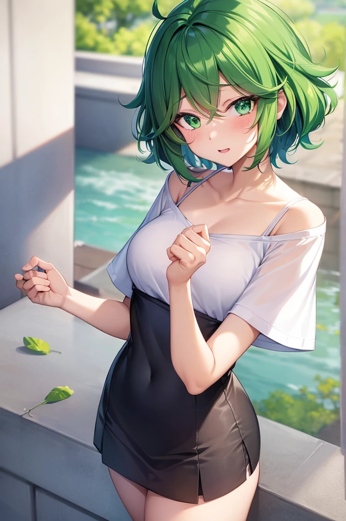1 Girl, closed eyes, nose, elf ear, eyebrow, smiling, teeth, big green hair, dyed nape blue, bangs, hair between eyes, Watery Big Eyes Sukumizu Wet Hair Hair Spread Out Ear Stud Swimming Pool, lora :add_detail, short tummy sweatshirt, short skirt, slim waist, tummy, big chest, thick legs, big thighs, standing