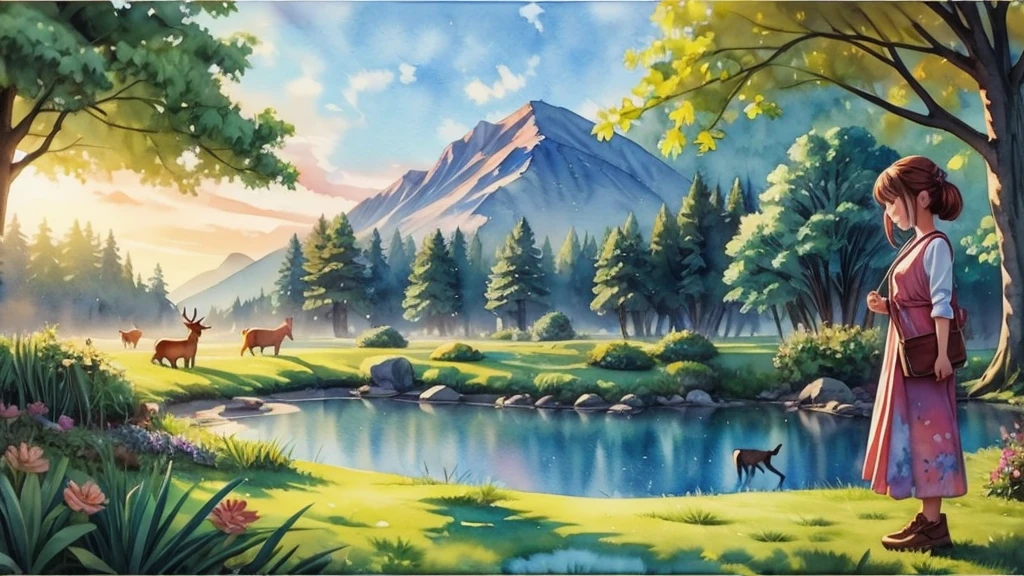 ((Watercolor landscape)) 、Girl and deer