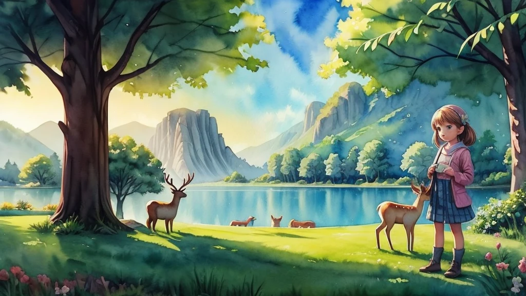 ((Watercolor landscape)) 、Girl and deer