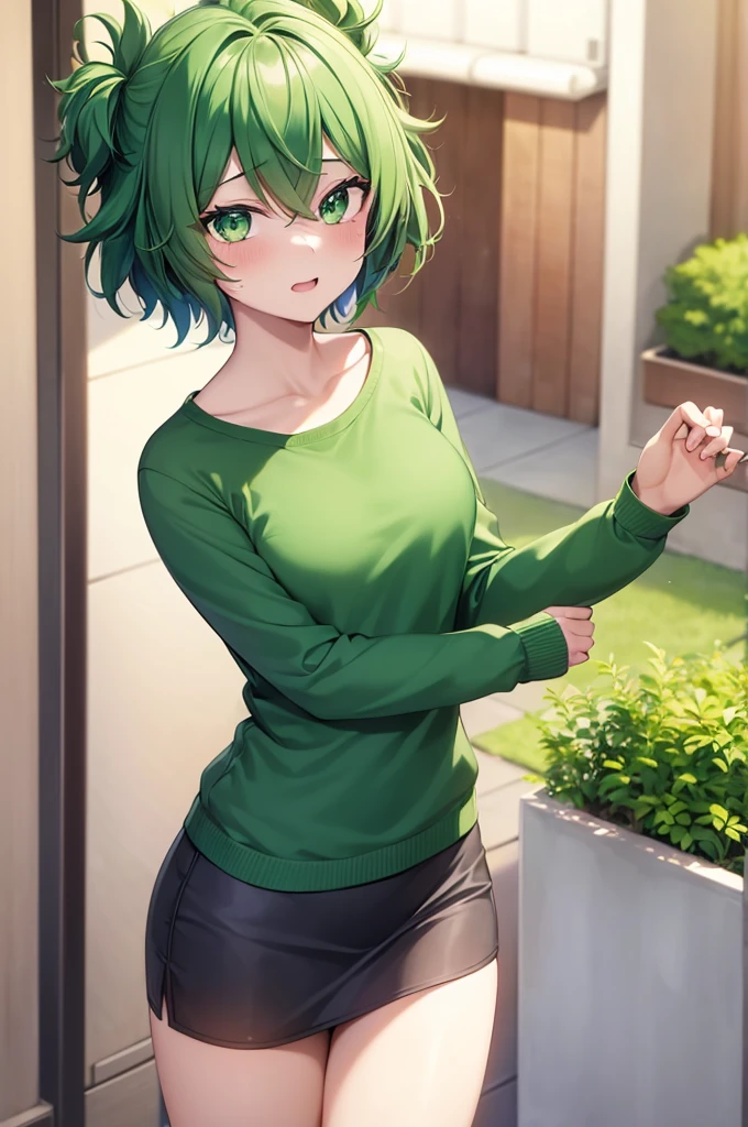 1 girl, izuku midoria as a girl, deku genderswap, female izuku midoria, izuku midoria genderbend (anime my hero academia) genderswap, female/girl/woman, feminine features, feminine body, cute, short green hair, green hair, short hair, green eyes, beautiful eyes, feminine blue eyes, girly outfit, modern clothes, nice clothes, fashionable outfit, ultrasharp, 4k picture, highly detailed, beautiful, (anime)
