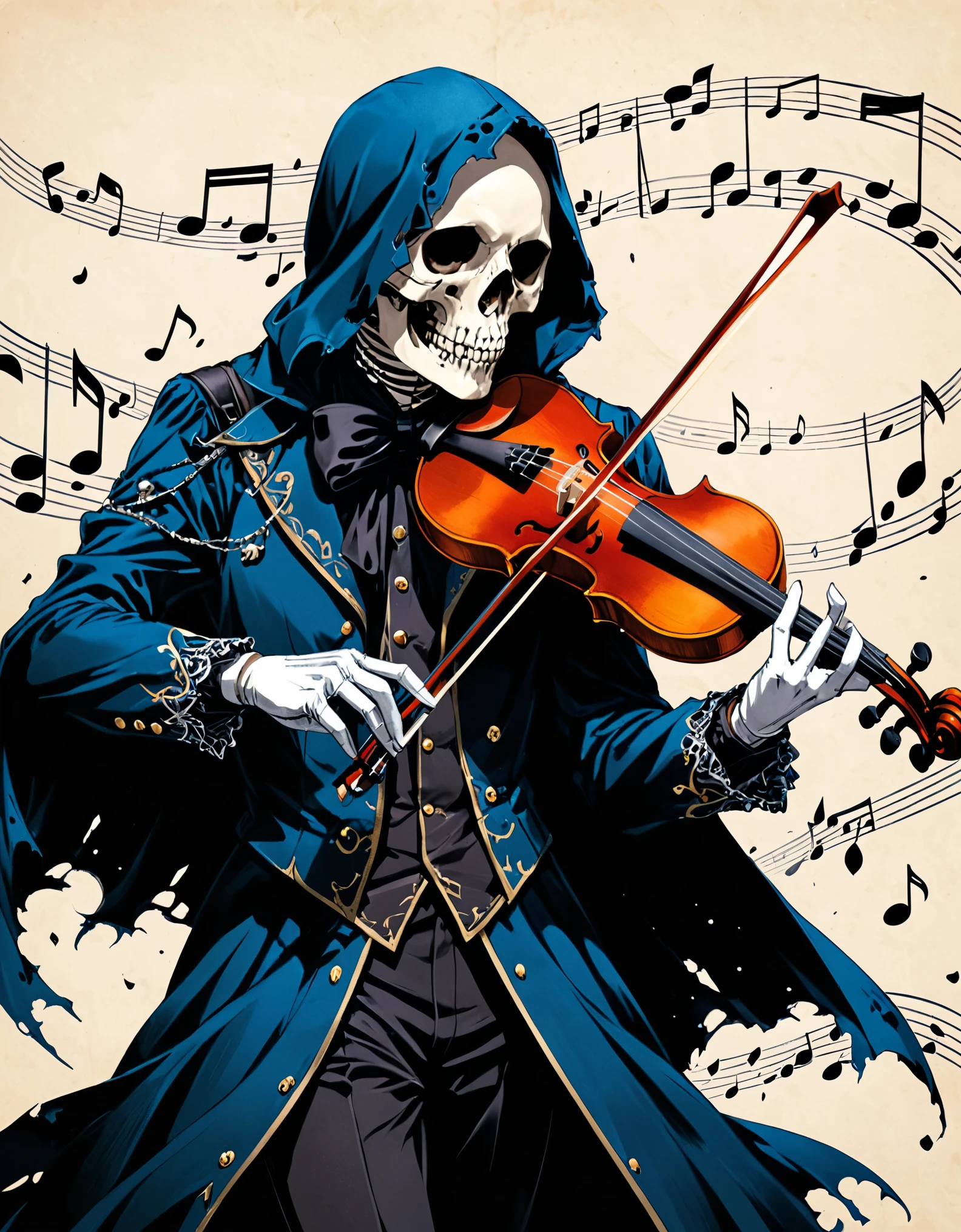 ((mediumaquamarine:0.8) and (rosybrown:0.6) musical notes background:1.2)，
BREAK
(rococo:1.4),(Anime line drawing:1.5),1990s \(style\),retro,japanese manga,(dark red velvet and dodgerblue:1.2),Minimalism,(Line Art:1.6),sketch,by Hirohiko Araki,charcoal drawing,
BREAK
Black skull Reaper,playing the violin,(violin:1.3),(bows:1.3),(pulling:1.3),(broken torn cape:1.4),the lines of movement of the wind,