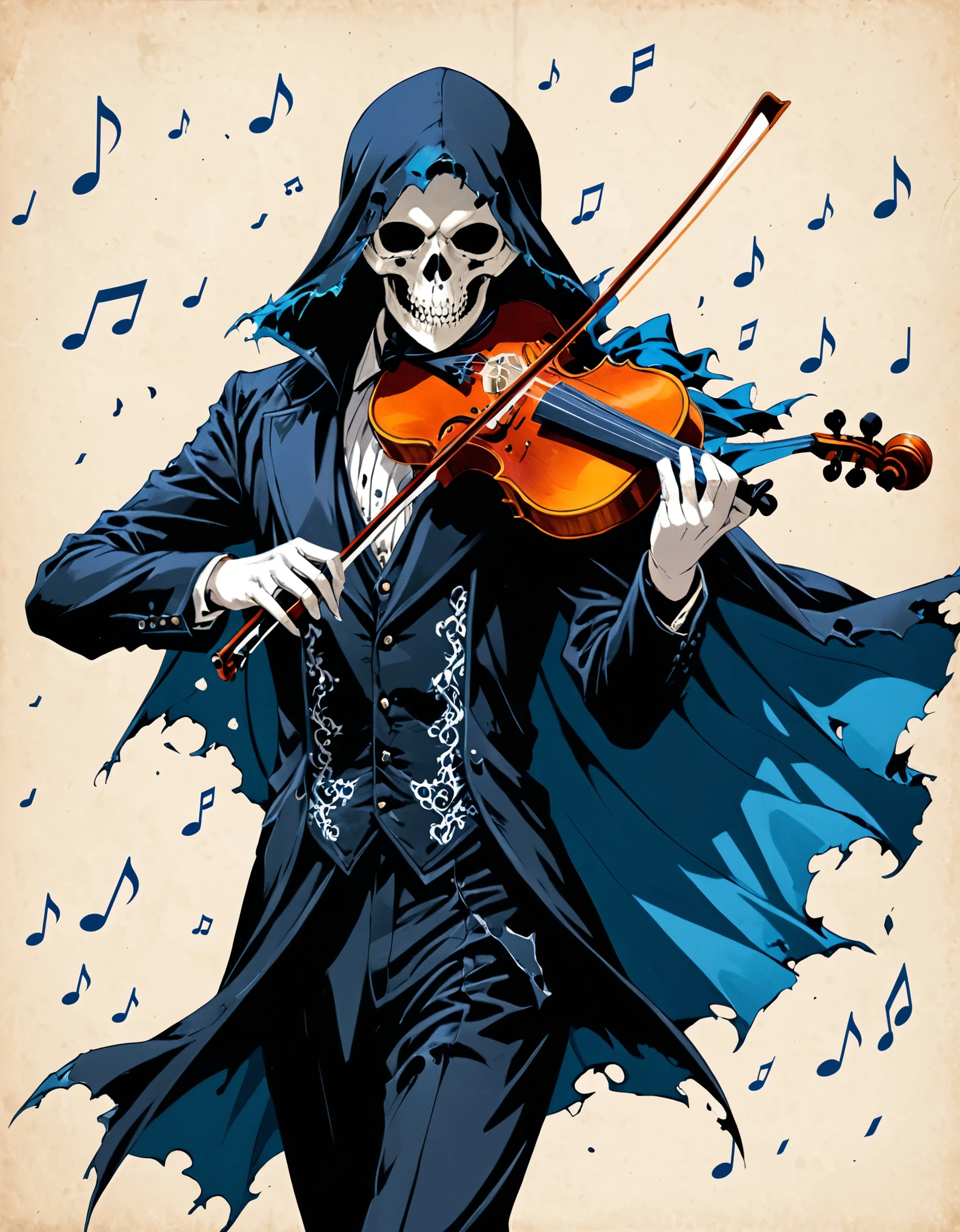 ((mediumaquamarine:0.8) and (rosybrown:0.6) musical notes background:1.2),
BREAK
(rococo:1.4),(Anime line drawing:1.5),1990s \(style\),retro,japanese manga,(dark red velvet and dodgerblue:1.2),Minimalism,(Line Art:1.6),sketch,by Hirohiko Araki,charcoal drawing,
BREAK
Black skull Reaper,playing the violin,(violin:1.3),(bows:1.3),(pulling:1.3),(broken torn cape:1.4),the lines of movement of the wind,