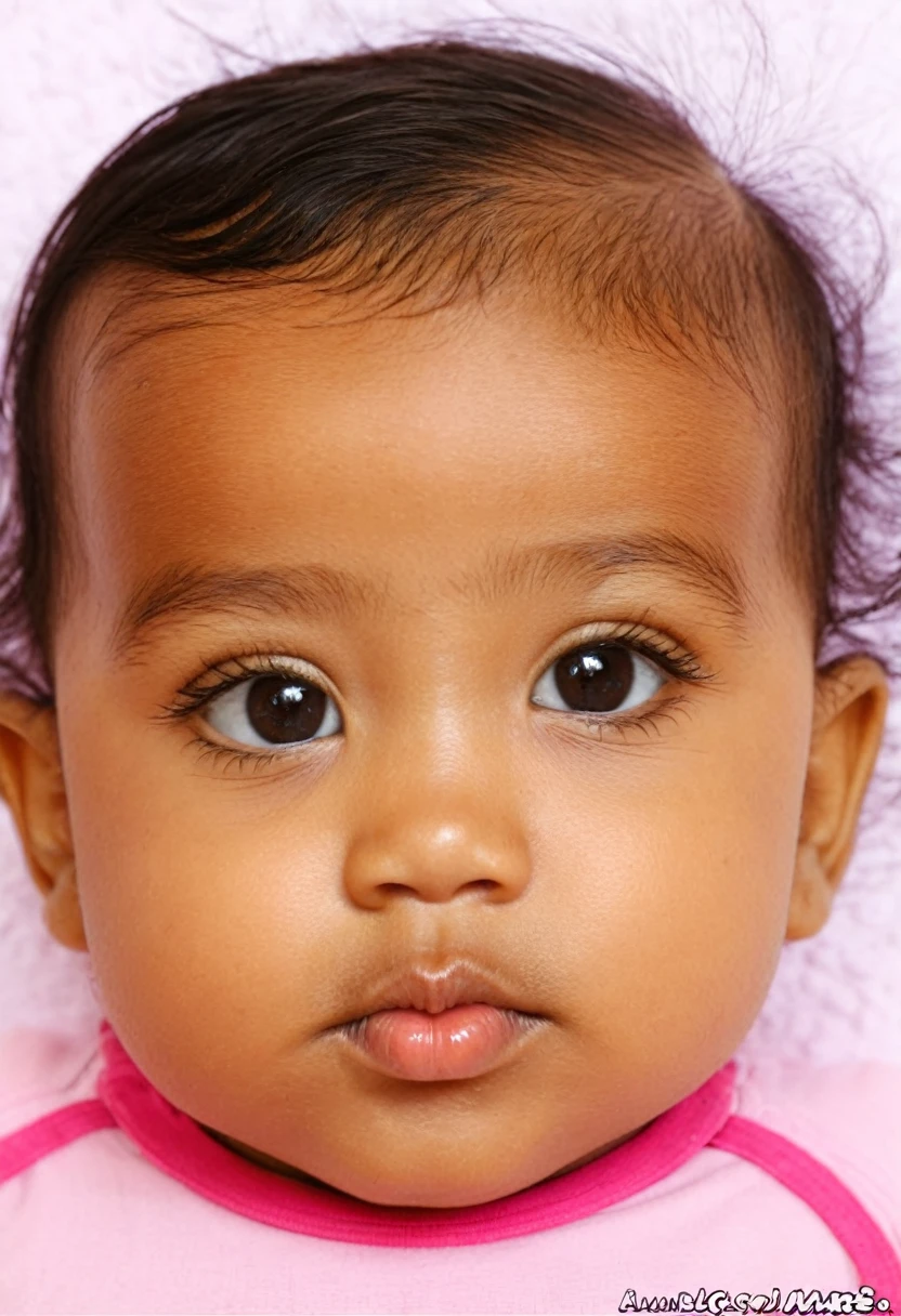A baby approximately 6 months old , saudavel, de cor morena e . Com cabelos pretos curtos, lisos na raiz e com as pontas onduladas. Olhos de cor castanho escuro, mas brilhantes (sentido figurado), redondos, mas tambem um pouco puxados. Cilios longos e sobrancelhas da cor do cabelo. Seu rosto lembra o formato de uma batata, quase oval, mas com curvas por causa da quantidade de bochecha grande, but your face is not fat, so um pouco arredondado. Your lips look like a big pink heart. Your body is that of a healthy baby.