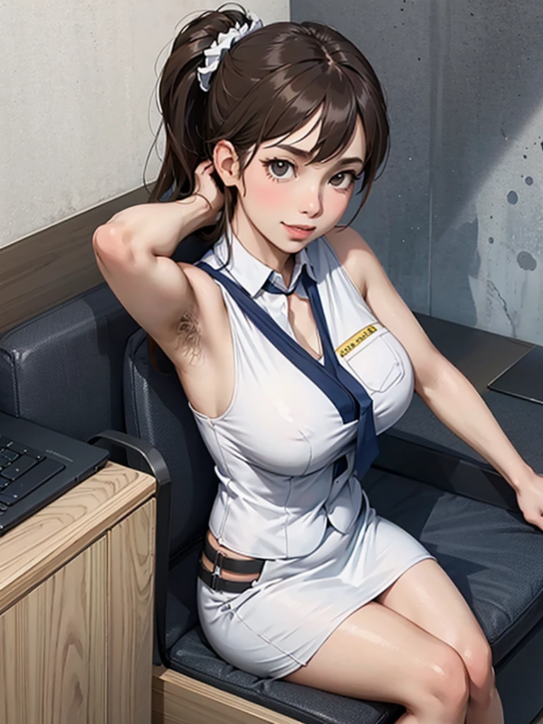 1lady solo, sitting, (looking up) (from above), office worker, ((navy vest:1.1) over white sleeveless dress shirt), mature female, /(dark brown hair/), kind smile, (masterpiece best quality:1.2) delicate illustration ultra-detailed, large breasts, bowtie BREAK (modern office) indoors, (reception desk), (stylish company logo on wall) , detailed background, (showing hairy armpit hair)