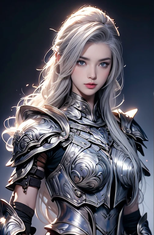 A woman with lush silver hair、A beautiful woman、Deep blue eyes、Long eyelashes、Thin eyelashes、Small Nose、Lustrous lips、Too big breasts、Curved waist、Big Ass、A piece of plate armor is worn over the chainmail armor.。Not wearing a helmet