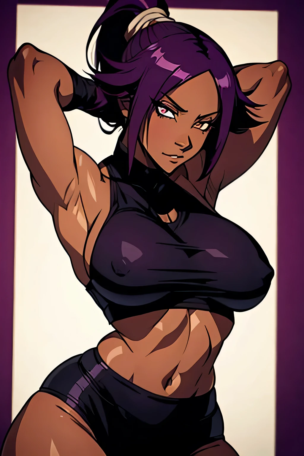 1 woman, yoruichi shihouin, dark skinned, long dark purple hair, ponytail, ((detailed eyes:1.2)), wearing tanktop, y, sensual, sleeveless, underboob, masterpiece, top quality, best quality, official art, beautiful and aesthetic:1.2), extreme detailed, colorful, highest detailed