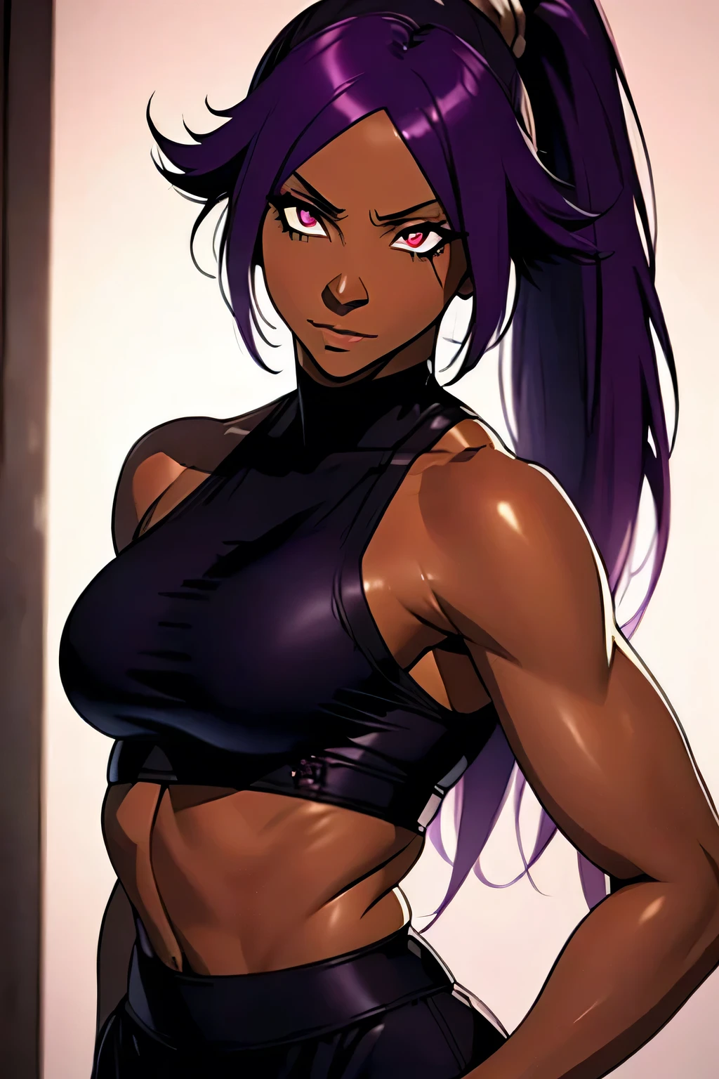 1 woman, yoruichi shihouin, dark skinned, long dark purple hair, ponytail, ((detailed eyes:1.2)), wearing tanktop, sexy, sensual, sleeveless, underboob, masterpiece, top quality, best quality, official art, beautiful and aesthetic:1.2), extreme detailed, colorful, highest detailed