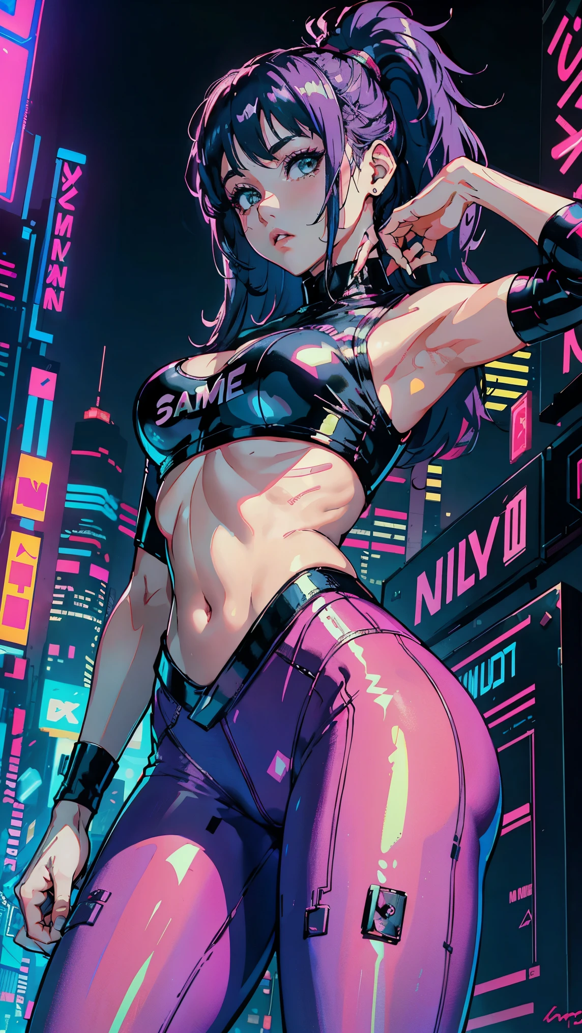 (Hinata Hyuga, Very sensual, Wearing tight clothes, Big Ass, Thick legs, Colorful leggings, leotard, Wearing a mini blouse, Navel comes out, Long Hair, Rear Speakers, Very realistic, Cyberpunk city view, clearly defined lines, Neon lights are so sexy, 8k, 8k Very detailed), (Very delicate and beautiful), (masterpiece), (Better Quality: 1.0), (Ultra-high resolution:1.0), ((Synthwave Background Theme))
