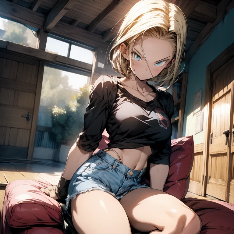 (masterpiece),best quality, full-body shot, expressive eyes, perfect face, 1girl, medium breast, good breast, beautiful, gorgeous ,round breast, sitting on a couch, visible bellybutton, underboob, sheer garments, pantyhose, medium shot, indoors, cleavage, short blonde hair, feminine, flirty, blushing, Android18DB, Android 18 from "dragonball", masturbation from below, Grab your own breasts, One girl, sit on the floor, Spread your legs, Raise your legs