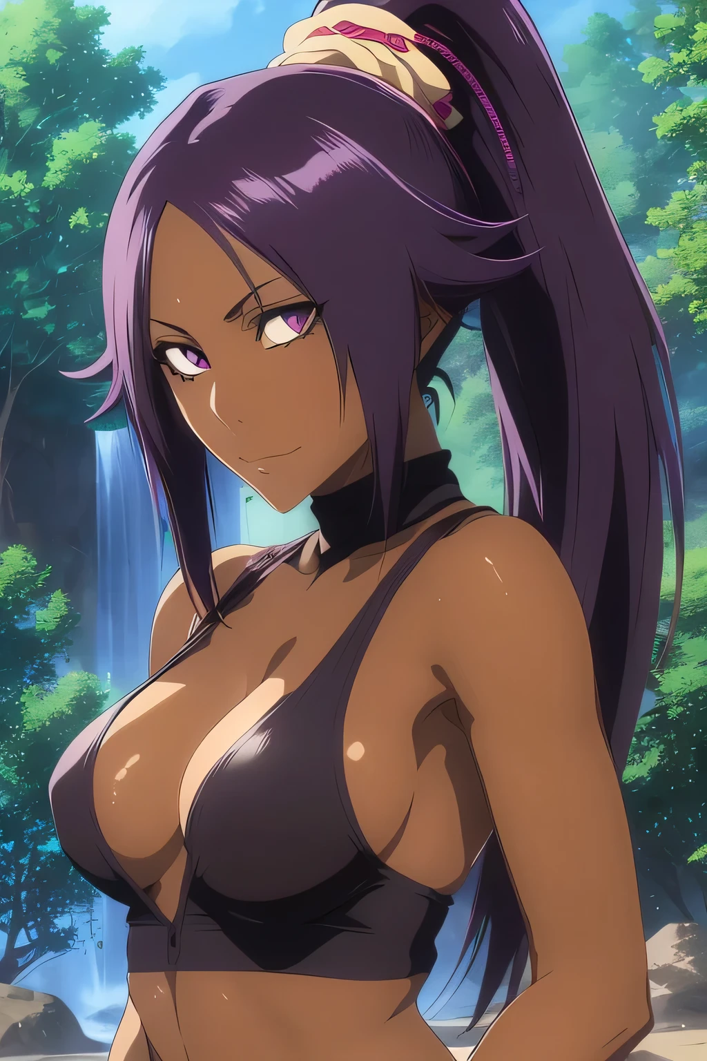 1 woman, yoruichi shihouin, dark skinned, long dark purple hair, ponytail, ((detailed eyes:1.2)), wearing tanktop, sexy, sensual, sleeveless, underboob, masterpiece, top quality, best quality, official art, beautiful and aesthetic:1.2), extreme detailed, colorful, highest detailed