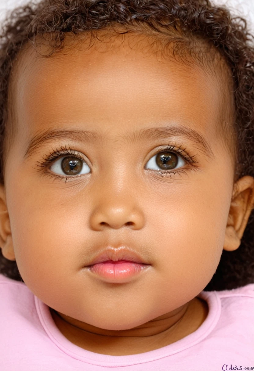 A baby approximately 6 months old , saudavel, de cor morena e  . Com cabelos pretos curtos, lisos na raiz e com as pontas onduladas. Olhos de cor castanho escuro, mas brilhantes (sentido figurado), redondos, mas tambem um pouco puxados. Cilios longos e sobrancelhas da cor do cabelo. Seu rosto lembra o formato de uma batata, quase oval, mas com curvas por causa da quantidade de bochecha grande, but your face is not fat, so um pouco arredondado. Your lips look like a big pink heart. Your body is that of a healthy baby. Com um pequeno sorriso no rosto