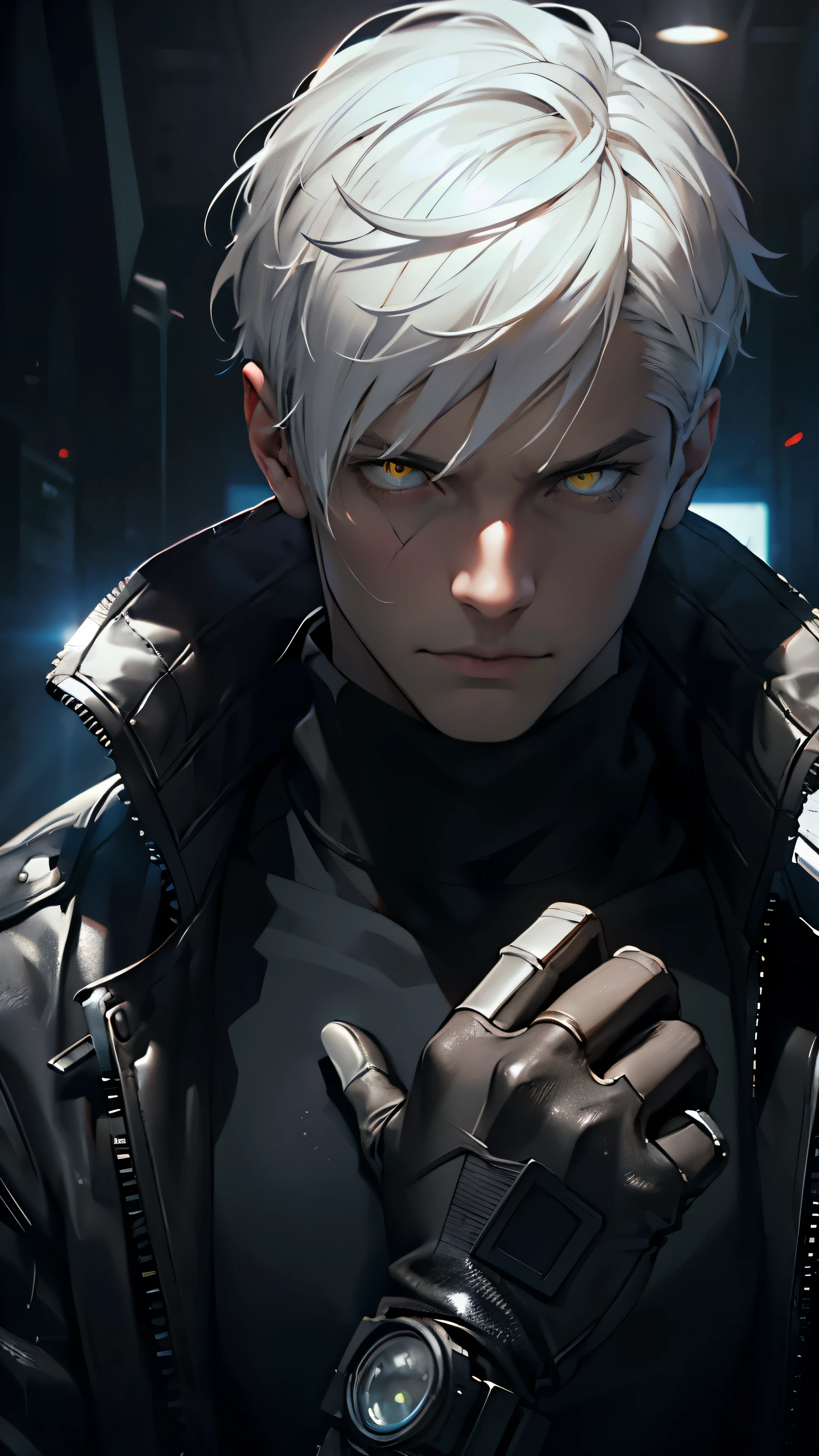 A portrait of a 20-year-old man with white hair and yellow eyes. He is wearing a black turtleneck, black coat, and black gloves. The portrait has a cyberpunk and sci-fi style with studio lighting. The colors are intense and dark.
Tags: (best quality,highres,realistic:1.37), portrait, 20-year-old man, white hair, yellow eyes, black turtleneck, black coat, black gloves, cyberpunk, sci-fi, studio lighting, intense colors, dark