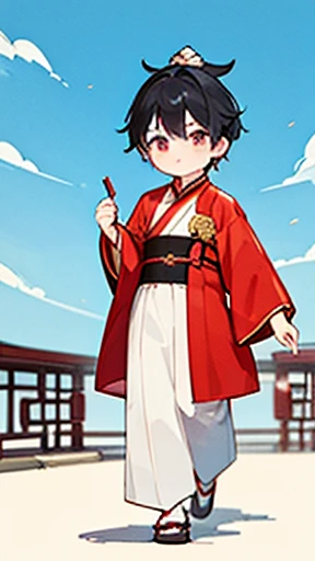 Ancient Chinese、Boy in ancient Chinese costume、Intelligent boy、Looking into the camera、There is a single topknot on the head.、Walking alone、hanfu、Hanfu、Black Hair、Standing pose