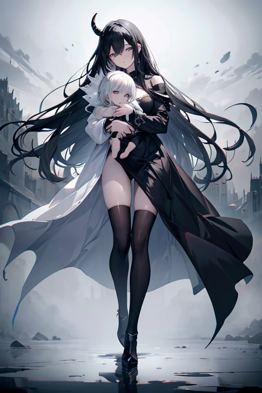 [[2images]] 1a full body image of the most attractive and gorgeous female demon her skin has the texture of porcelain, long black hair and eyes, holding a beautiful blonde hair baby boy, both are looking to the sky, sadness in their faces, grey sky. High quality, 8k, ultra high res, High contrast and low saturation, (Anatomy-based character design).