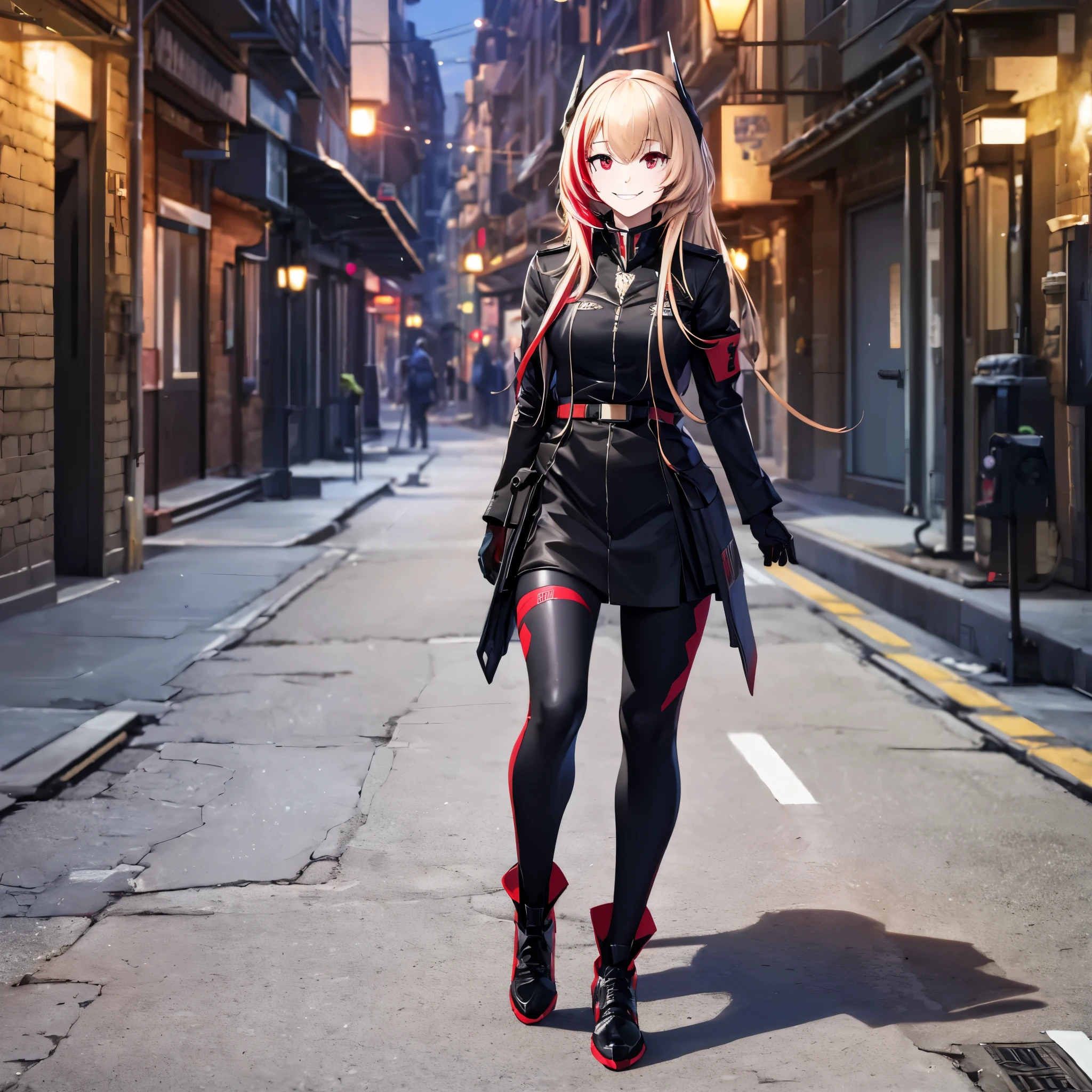 A woman wearing a black uniform with red details, black metal boots, metal gloves, blonde hair, red bangs, red eyes, smiling, full body, walking on the sidewalk outside a military base, stereogram, tachi-e, point of view, atmospheric perspective, 8k, superdetail, accurate, best quality, award-winning, textured skin, high resolution, anatomically correct, bokeh effect, ((woman solo).
