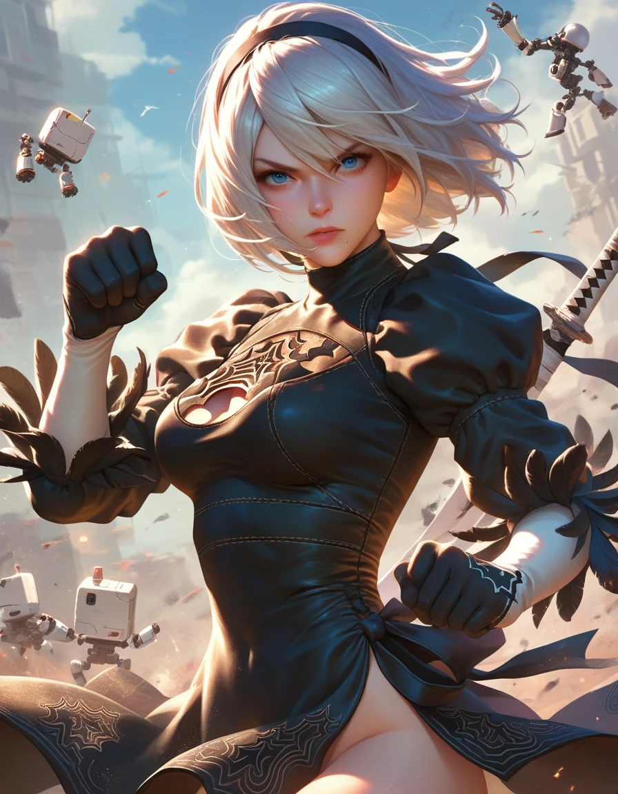 score_9, score_8_up, score_7_up,source_anime, high res image,masterpiece,best quality 
BREAK {solo, (2B of Nier_Automa:1.4)), (slender body,medium breasts),(lightbrown_lightwhite colored hair:1.4, short cut hair), (medium mouth:1.2),(narrow and sharp eyes:1.4,blue-glay eyes),(black hairband:1.4) ,cleavage,(Nier_Automata_2B costume:1.2)
BREAK (hold a lightsaber:1.2),simple_background
