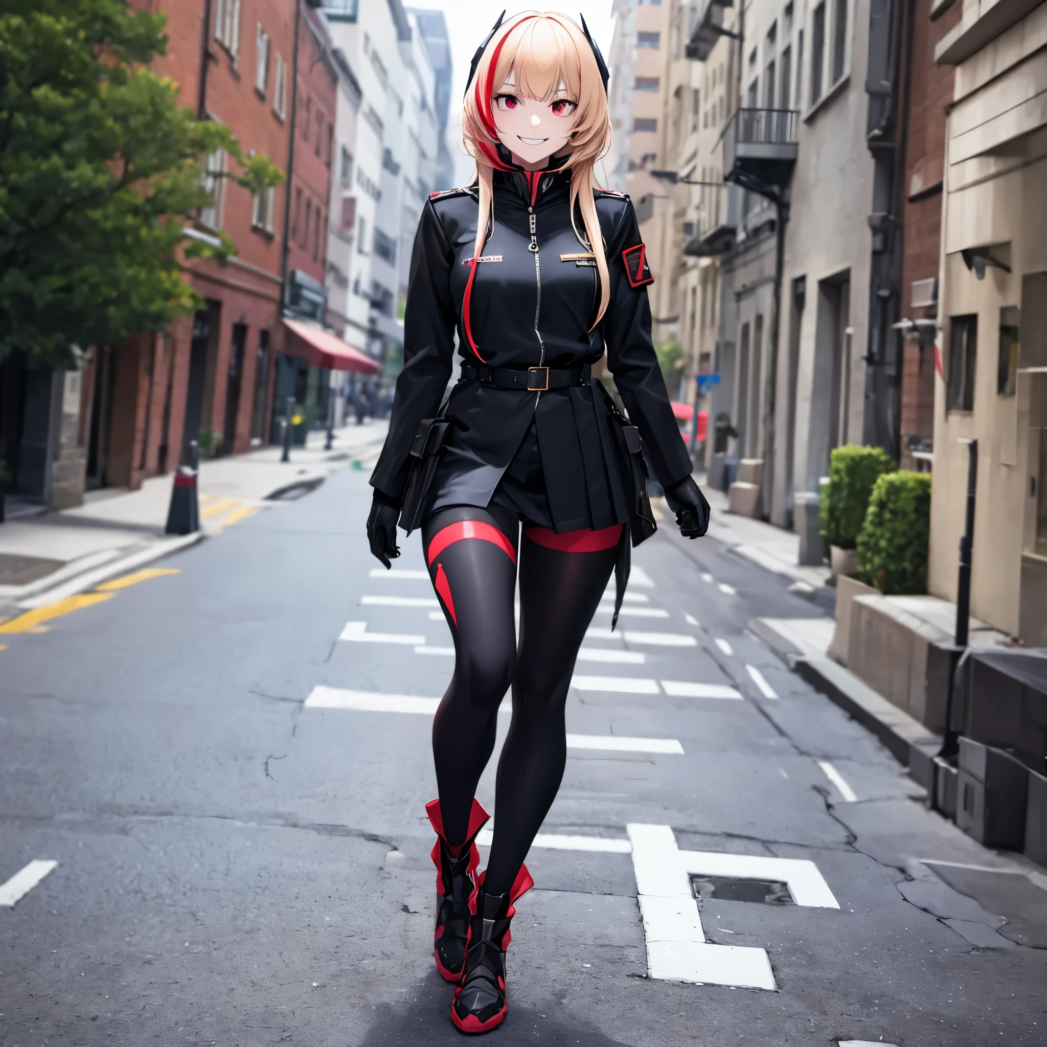 A woman wearing a black uniform with red details, black metal boots, metal gloves, blonde hair, red bangs, red eyes, smiling, full body, walking on the sidewalk outside a military base, stereogram, tachi-e, point of view, atmospheric perspective, 8k, superdetail, accurate, best quality, award-winning, textured skin, high resolution, anatomically correct, bokeh effect, ((woman solo).
