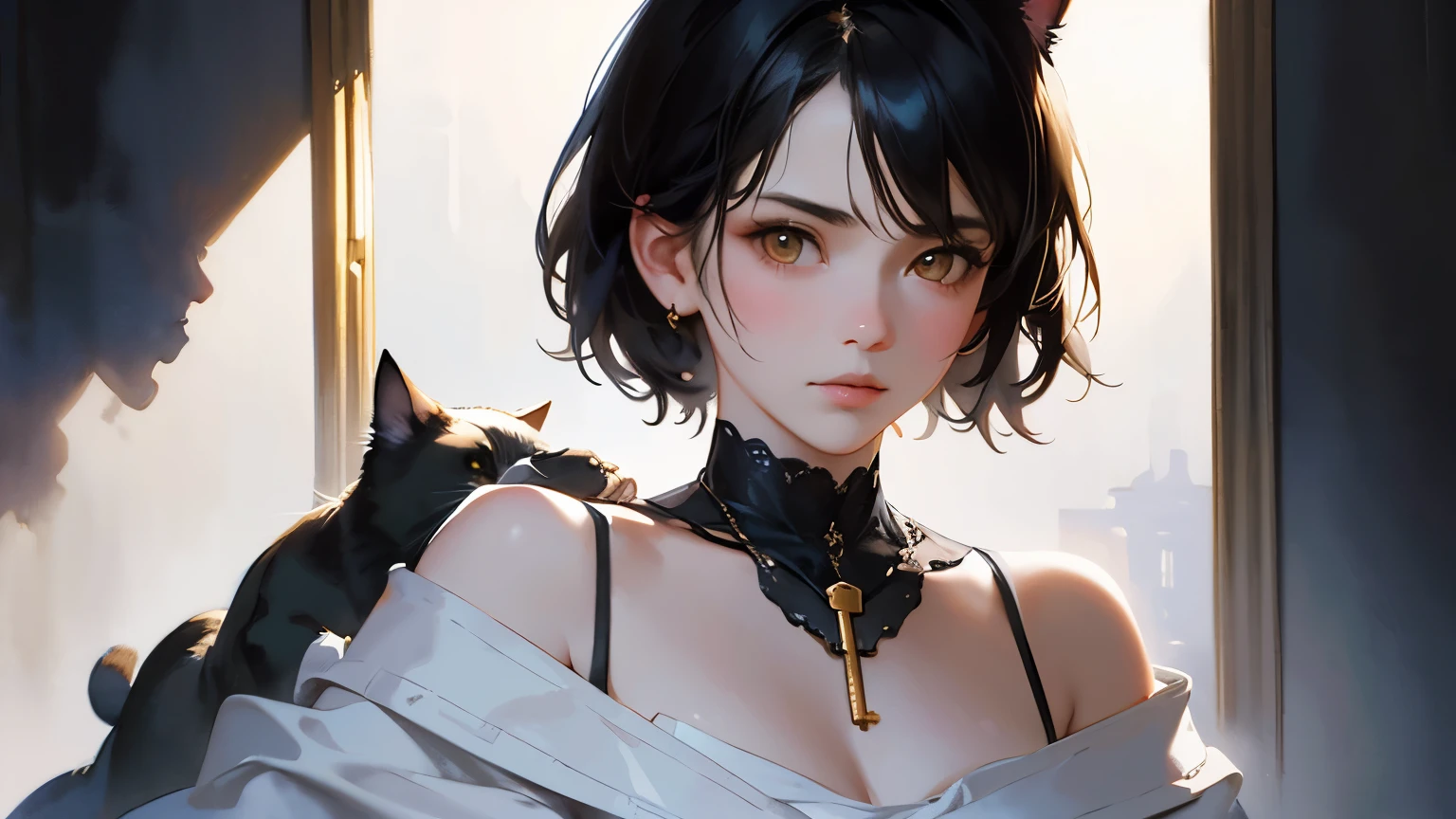(Sargent-style watercolor)、(highest quality、masterpiece)、(Realistic:1.5), RAW Photos, 1 girl, Off the shoulder,Cat ear、whole body、 In the Dark, Deep Shadow, secret key, Cold Light, Sexy Looks, short hair、((Black Background))、