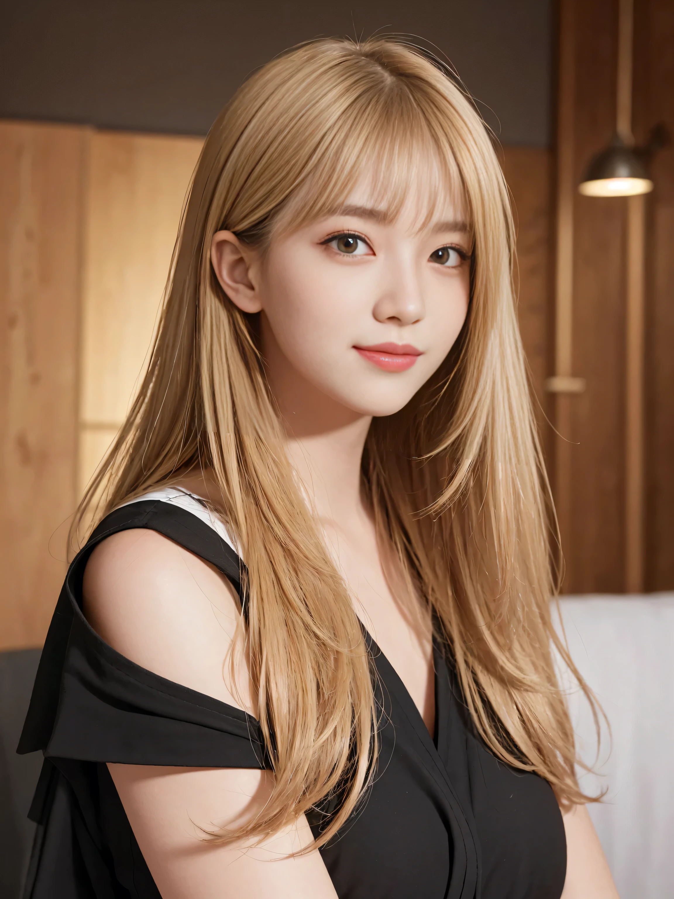 masterpiece, best picture quality, high quality, beautiful girl, Japanese, Japanese school girl, detailed, detailed eyes, detailed skin, beautiful skin, ultra high resolution, (reality: 1.4), very beautiful, slightly younger face, beautiful skin, slender, (ultra realistic), (illustration), (high resolution), (8K), (highly detailed), (best illustration), (beautifully detailed eyes), (super detailed), (wallpaper), (detailed face), looking at viewer, fine details, detailed face, smiling, looking straight ahead, angle from waist up, realistic photo, bright lighting, professional lighting, blonde, long hair, gorgeous red and black dress, mature woman, long stylish bangs,