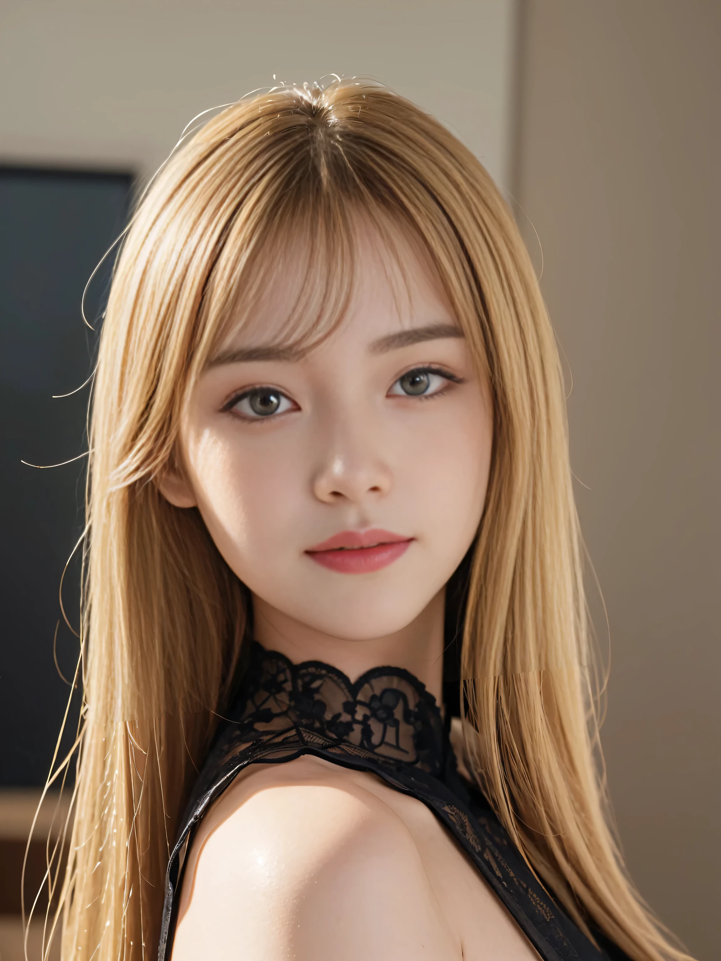 masterpiece, best picture quality, high quality, beautiful girl, Japanese, Japanese school girl, detailed, detailed eyes, detailed skin, beautiful skin, ultra high resolution, (reality: 1.4), very beautiful, slightly younger face, beautiful skin, slender, (ultra realistic), (illustration), (high resolution), (8K), (highly detailed), (best illustration), (beautifully detailed eyes), (super detailed), (wallpaper), (detailed face), looking at viewer, fine details, detailed face, smiling, looking straight ahead, angle from waist up, realistic photo, bright lighting, professional lighting, blonde, long hair, gorgeous red and black dress, mature woman, long stylish bangs,