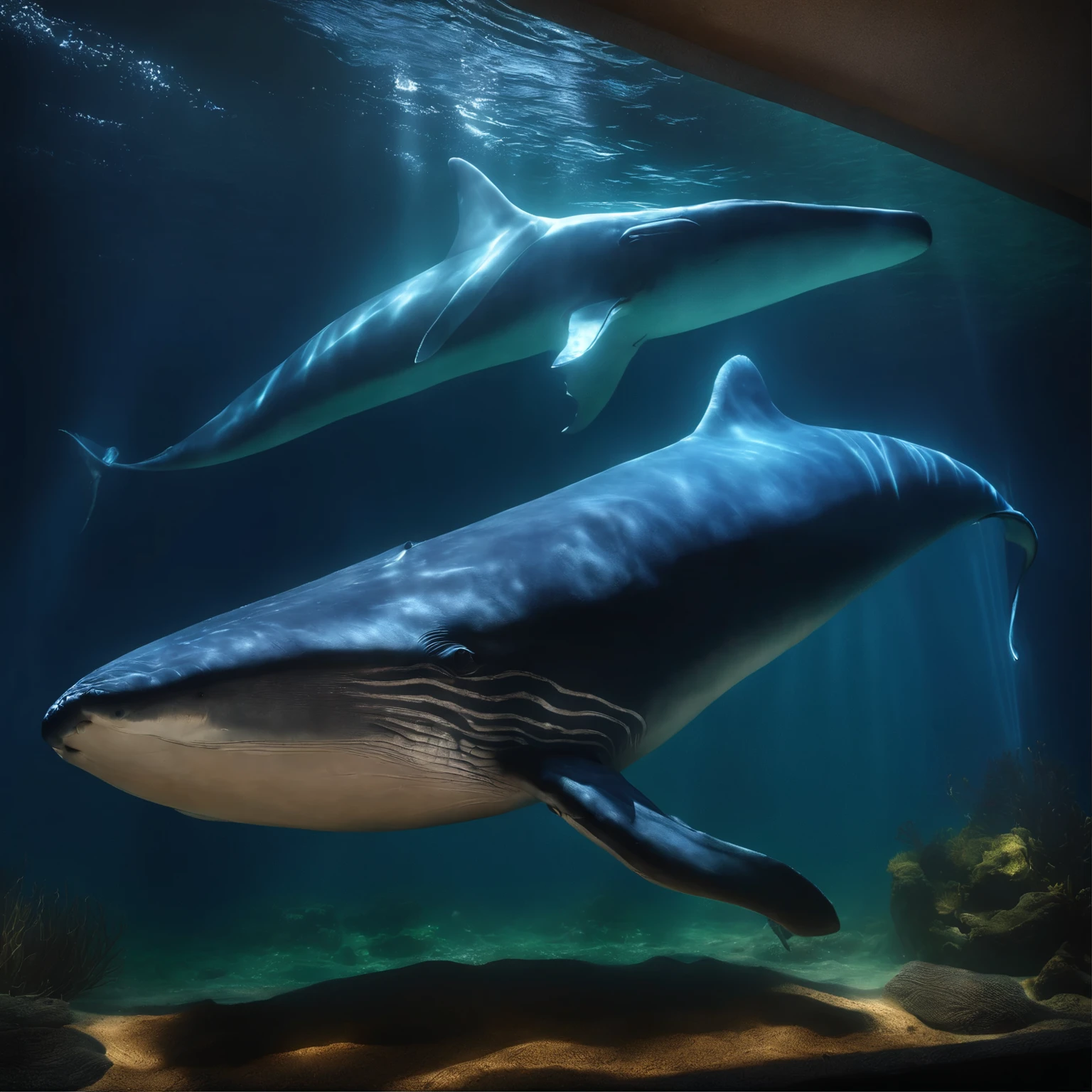 movie lighting, Glowing lights, masterpiece, precise, Super Detail, high quality, The award-winning, 8k Blue whale swimming in fish tank,The three images have the same background, with the same whale in each of them: left side, front, and right side