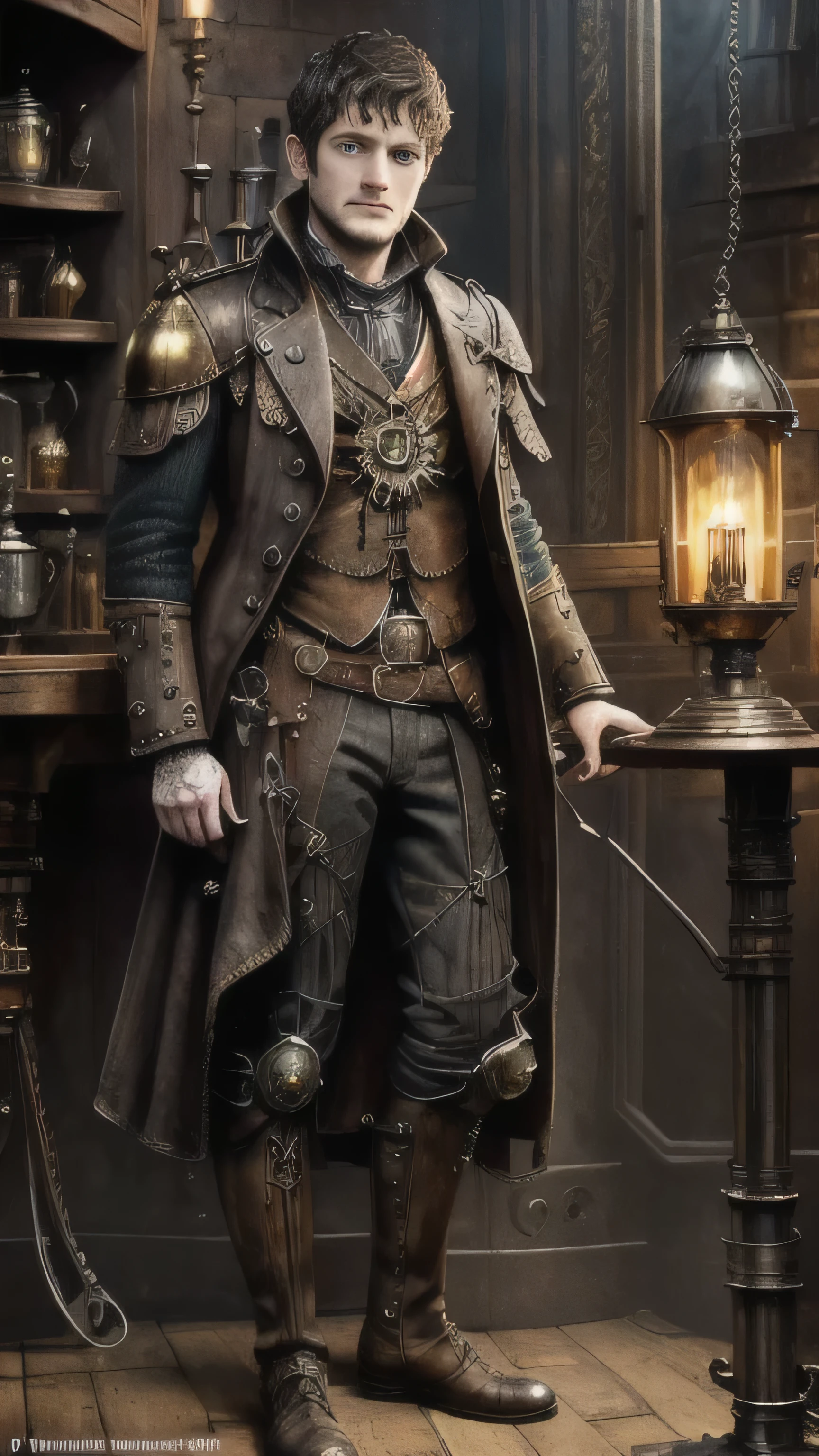 steampunkai, (Iwan Rheon) as Ramsay Bolton, black steampunk mantle, steampunk boots, standing, in a steampunk inn, (1man), (solo), (full body view), beautiful detailed glow, detailed, cinematic light, intricate detail, realistic, highres, detailed facial features, high detail, sharp focus, smooth, aesthetic, extremely detailed, stamp, octane render