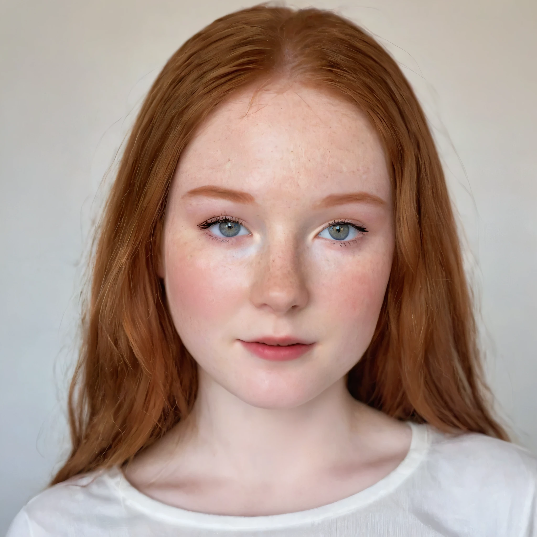 A very beautiful realistic girl, 15-years-old, porcelain skin, most fair skin, very pale skin, red hair, wavy, freckles skin, hazel eyes, thick curved eyebrow, happy face, unique face, detail photo, realistic photo, master piece picture, sharp picture. 