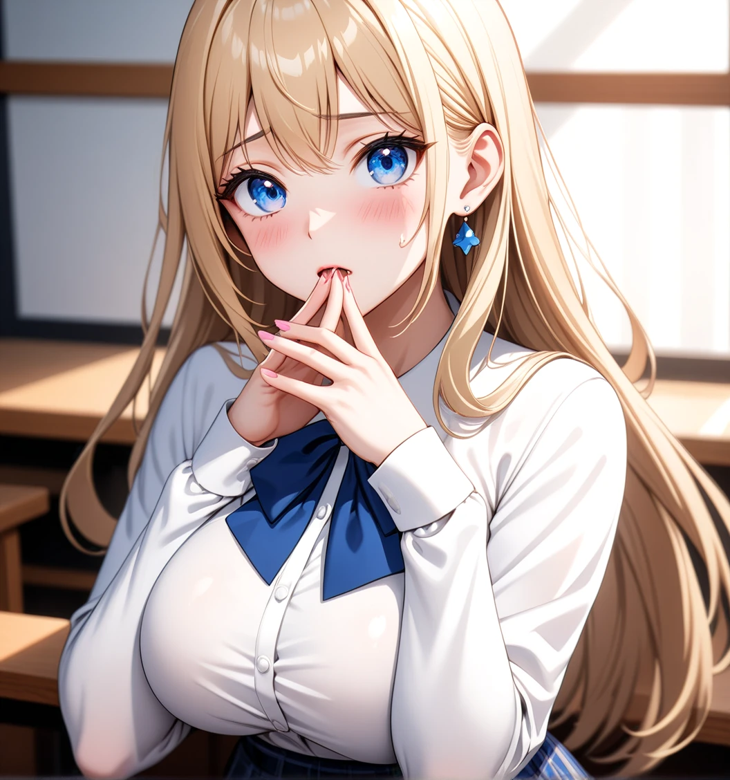 (One girl), Beautiful Face,Surprised face, Sweat,Blushing,Close your mouth,Glossy Lips,Abstract, School, masterpiece, highest quality, so beautiful, Absurd, up to date, Complex details,(Touch your face with your hands), Pink long nails,AI-generated, Complex,High resolution, highest quality, super high quality,3D Images、View the viewers、3D Images,one person,anime girl with long blonde hair and blue eyes posing for a picture, [[Fine grain、Colorful eyes、Shining Eyes:1.15]],Close your eyes for a moment,a hyperRealistic , hyperRealistic , Realistic , blonde anime girl with long hair, Smooth anime CG art, Beautiful anime school girl,White long sleeve blouse,Blue checked skirt,Big blue chest ribbon, Earrings,(Large Breasts:1.3), Mature Body,Fine details,Abdominal muscles,Shooting from an angle