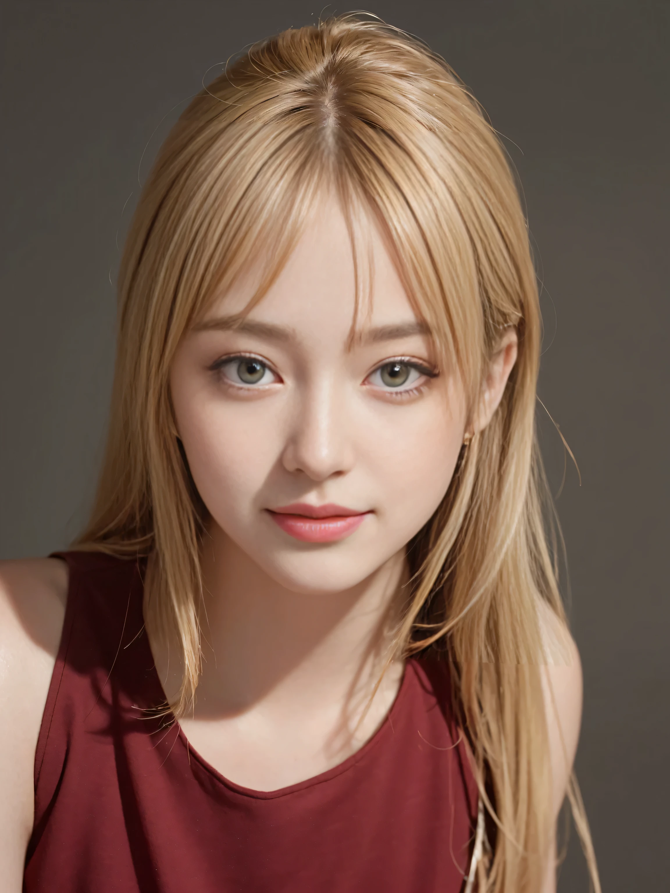 masterpiece, best picture quality, high quality, beautiful girl, Japanese, Japanese school girl, detailed, detailed eyes, detailed skin, beautiful skin, ultra high resolution, (reality: 1.4), very beautiful, slightly younger face, beautiful skin, slender, (ultra realistic), (illustration), (high resolution), (8K), (highly detailed), (best illustration), (beautifully detailed eyes), (super detailed), (wallpaper), (detailed face), looking at viewer, fine details, detailed face, smiling, looking straight ahead, angle from waist up, realistic photo, bright lighting, professional lighting, blonde, long hair, gorgeous red and black dress, mature woman, long stylish bangs,