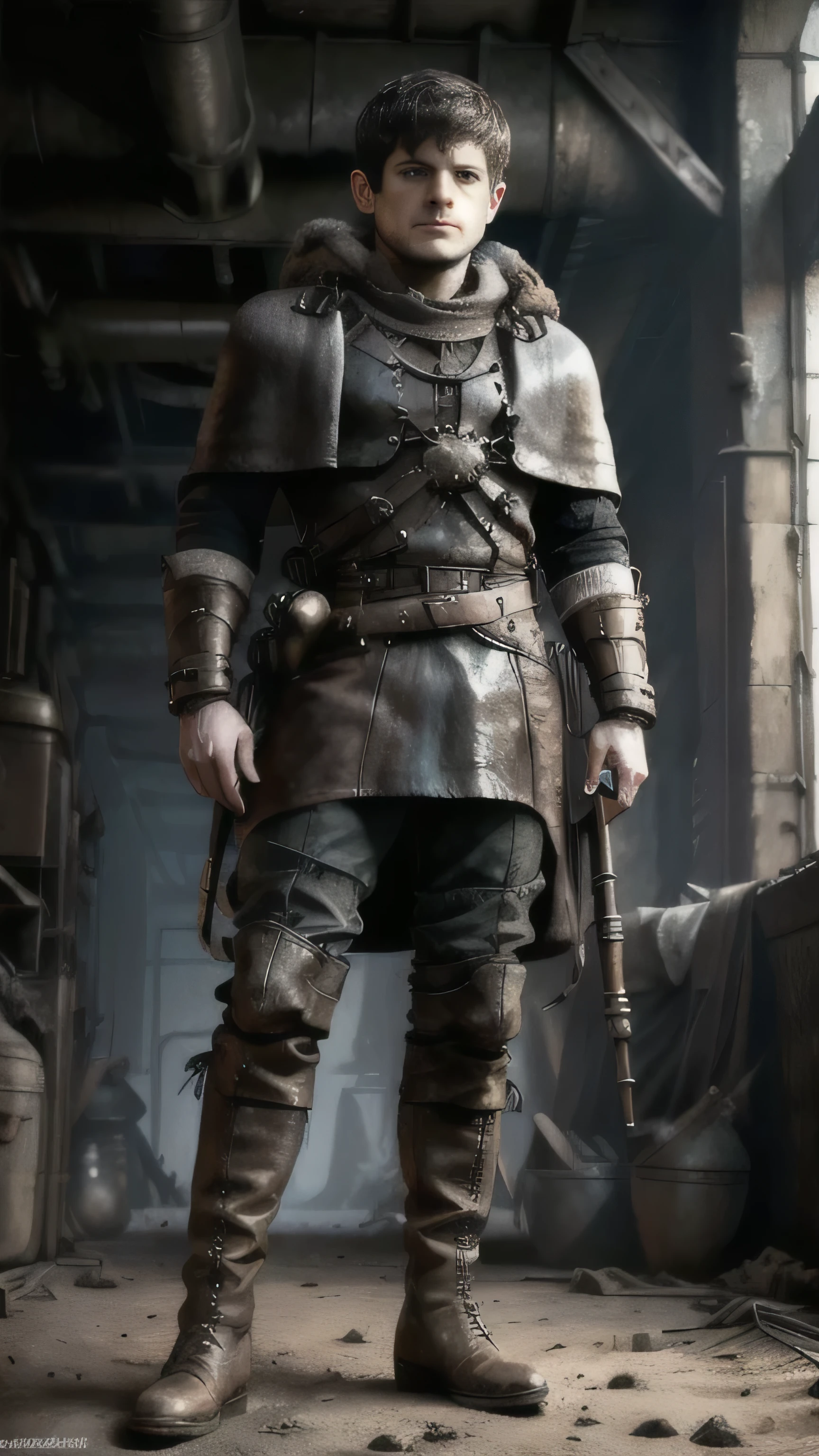 dieselpunkai, (Iwan Rheon) as Ramsay Bolton, black dieselpunk cloak, dieselpunk boots, standing, in a dieselpunk desert, (1man), (solo), (full body view), beautiful detailed glow, detailed, cinematic light, intricate detail, realistic, highres, detailed facial features, high detail, sharp focus, smooth, aesthetic, extremely detailed, stamp, octane render