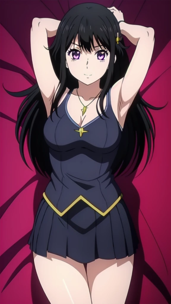 masterpiece, best quality, 1 solo girl, black hair, purple eyes, long hair, medium breasts, sexy body and face, wavy hair, smile, sleeveless shirt, scarf, black thigh-high, mini skirt, pendant, bracelet, jewelry, earrings, feather hair ornament, book, lying at the bed, night, sexy pose, cowboy shots, detailed body, face, and eyes, sharp focus, vibrant, creative, dynamic, high definition, high resolution, 8k, (Upscale: R-ESRGAN 4x+ Anime6mage enchance:4x), voluptuous body, cinema lightning, dakimakura style, looking at the viewer, hair braid