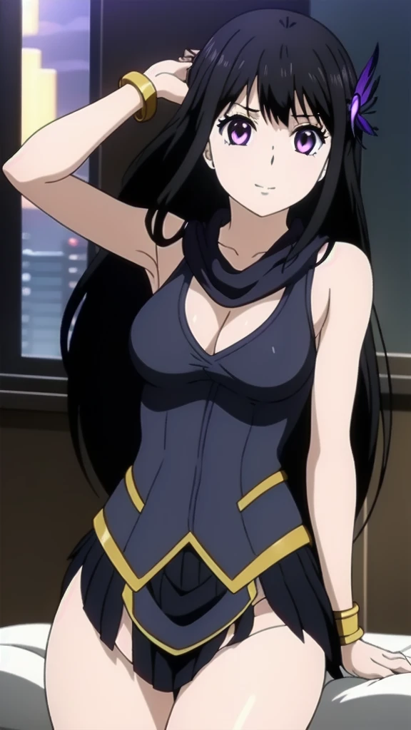 masterpiece, best quality, olo girl, black hair, purple eyes, long hair, medium breasts, sexy body and face, wavy hair, smile, sleeveless shirt, scarf, black thigh-high, mini skirt, pendant, bracelet, jewelry, earrings, feather hair ornament, book, lying at the bed, night, sexy pose, cowboy shots, detailed body, face, and eyes, sharp focus, vibrant, creative, dynamic, high definition, high resolution, 8k, (Upscale: R-ESRGAN 4x+ Anime6mage enchance:4x), voluptuous body, cinema lightning, dakimakura style, looking at the viewer, hair braid