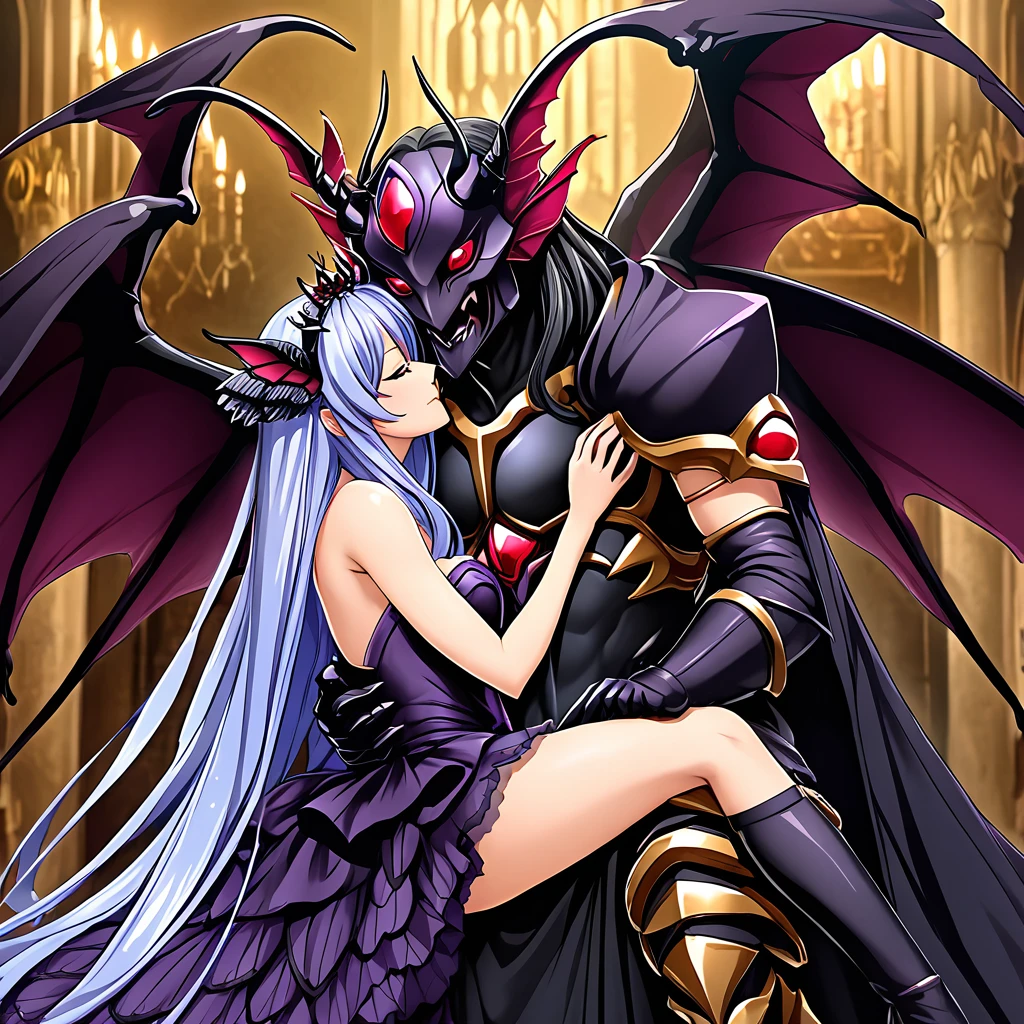 ((highest quality)), ((masterpiece)), (detailed), （A perfect demon king of flies, with four large fly wings and a strange appearance.）、（The woman is an Extia with light blue, semi-long hair, wearing a black wedding dress with a fly motif, an ominous fly tiara and ominous fly accessories, and hugs the Demon King and kisses him with a big smile, and also hugs and kisses a large fly monster demon.）、((A woman and the Demon Lord of Flies, Beelzebub, are standing side by side on the altar of darkness. The woman responds to the courtship of the Demon Lord of Flies, Beelzebub, by hugging him close to her neck with a smile and kissing him on the cheek.))、((The man is the infamous demon king of flies, Beelzebub, a tall and powerful man with four large fly wings growing from his back and a fly-like face, exposing his large penis and testicles.))、((The male demon king of flies, Beelzebub, embraces a splendid transforming heroine, caresses her body, kisses her, and dotes on her.))