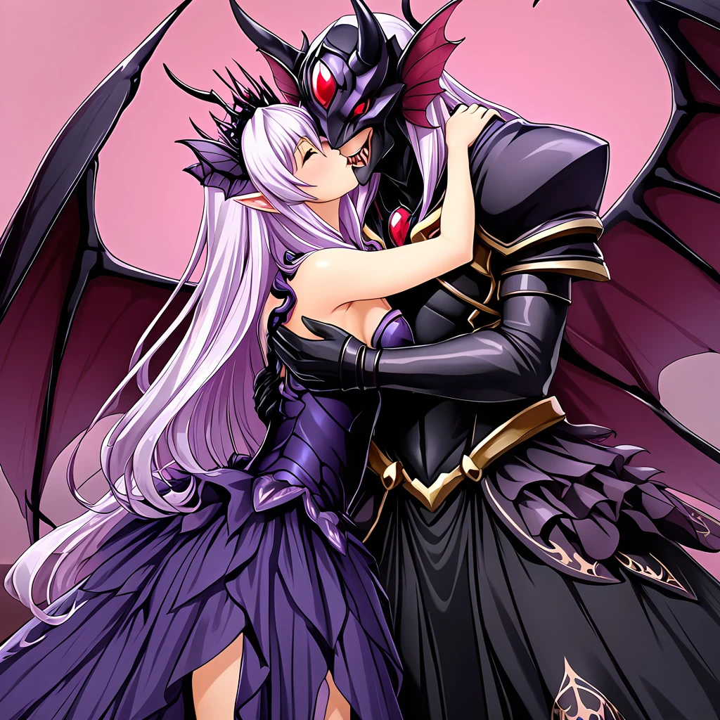 ((highest quality)), ((masterpiece)), (detailed), （A perfect demon king of flies, with four large fly wings and a strange appearance.）、（The woman is an Extia with light blue, semi-long hair, wearing a black wedding dress with a fly motif, an ominous fly tiara and ominous fly accessories, and hugs the Demon King and kisses him with a big smile, and also hugs and kisses a large fly monster demon.）、((A woman and the Demon Lord of Flies, Beelzebub, are standing side by side on the altar of darkness. The woman responds to the courtship of the Demon Lord of Flies, Beelzebub, by hugging him close to her neck with a smile and kissing him on the cheek.))、((The man is the infamous demon king of flies, Beelzebub, a tall and powerful man with four large fly wings growing from his back and a fly-like face, exposing his large penis and testicles.))、((The male demon king of flies, Beelzebub, embraces a splendid transforming heroine, caresses her body, kisses her, and dotes on her.))