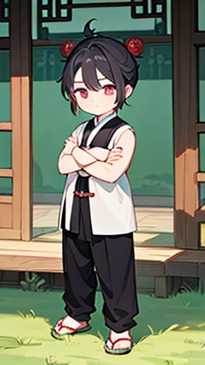 ancient China、ancient Chinaの衣装を着た少年、Intelligent boy、Looking into the camera、There is a topknot on the head.、Walking Alone、Hanfu、Hanfu、Black Hair、Standing and posing with arms crossed