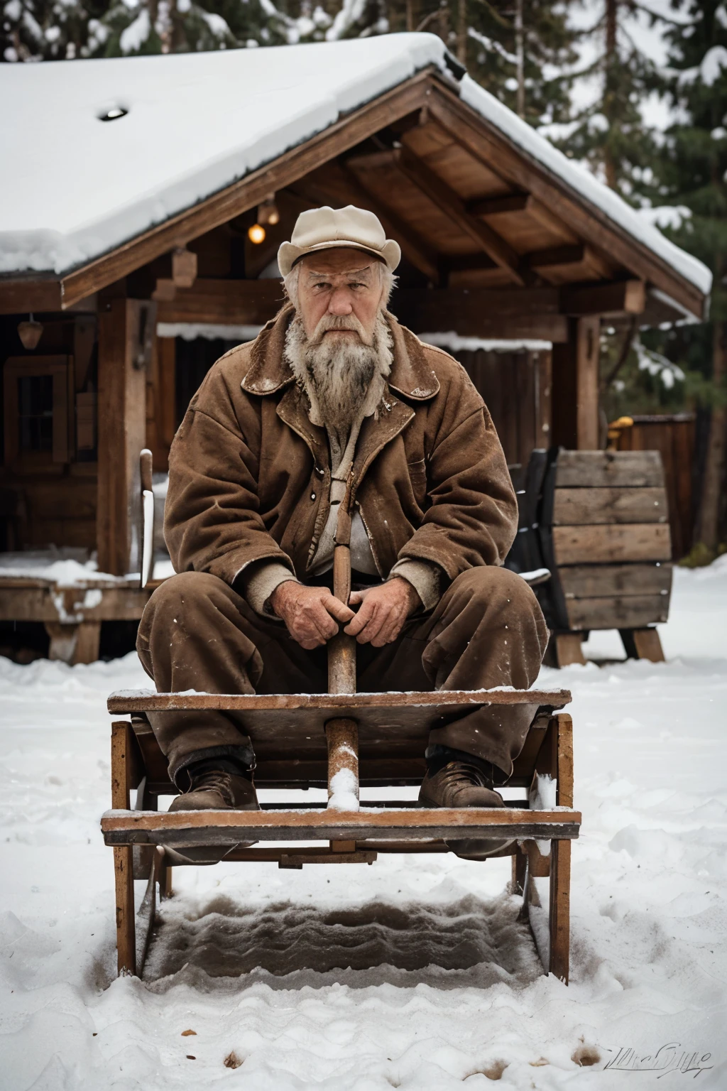 Create an old man around 70 years old, sitting on a very rustic wooden sled. The old man has the appearance of someone who had a hard life doing manual labor and has an angry expression. In one hand, he holds the reins of two horses pulling the sled, and in the other hand, he holds a very old pickaxe