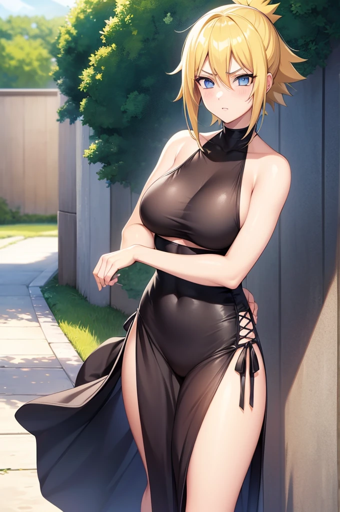 1 girl, naruto uzumaki as a girl, naruto genderswap, female naruto uzumaki, naruto genderbend (anime naruto) genderswap, female/girl/woman, feminine features, feminine body, great curves, medium sized breasts, 34d breasts, nice boobies, cute, hot, short blond hair, blond hair, medium length hair, medium-long hair, blue eyes, beautiful eyes, feminine blue eyes, wearing girly outfit, modern clothes, nice clothes, fashionable outfit, modest clothes, ultrasharp, 4k picture, highly detailed, beautiful