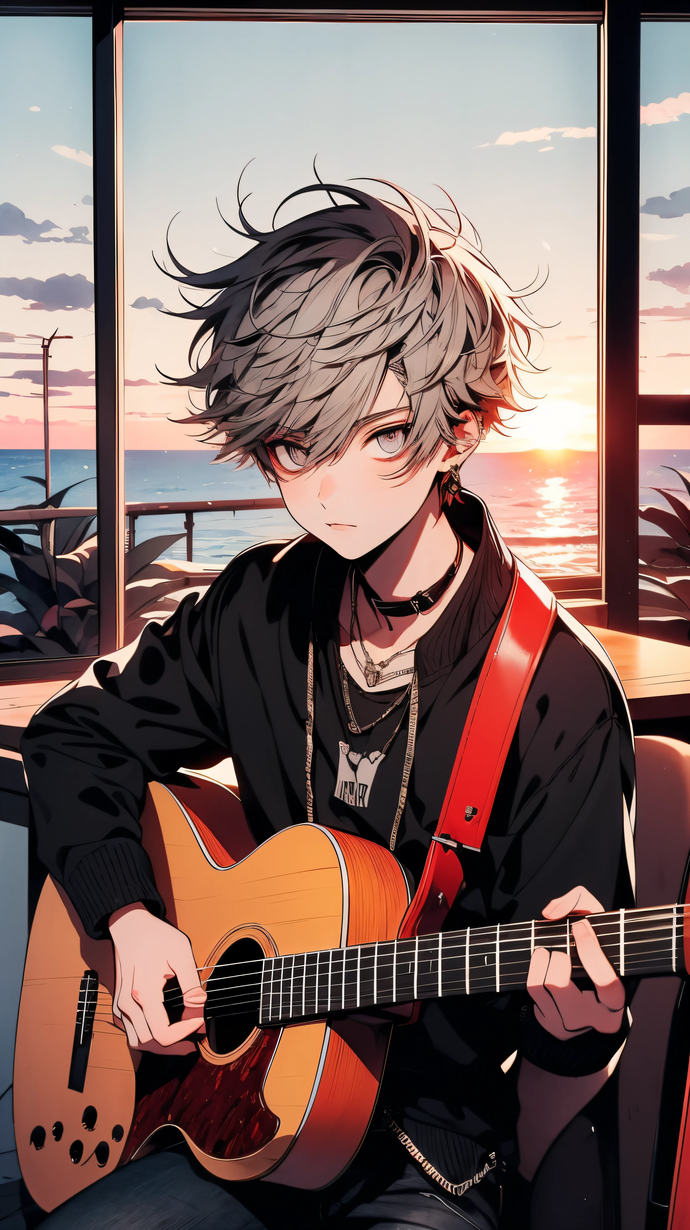 ember、a handsome、a cool、beautiful young man with gray eyes, Red hair, shoulder length hair, Tied hair, Gray eyes, slit-eyes, Counter chair, Playing guitar, huge window, Sunset, ocean, Black leather jeans, animesque, Clear line drawing, Transparent watercolor, Clear shading, High quality, Detailed, pixiv illustration, Portrait.