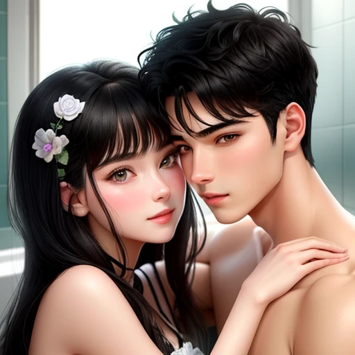 men and women, at the bathtub, kissing kiss, staring intently to eyes. Hugging and kissing, Lovers. Hand on the waist. Hand on the neck. Hand on the face.
20-year-old boy and 18-year-old girl, Detailed face, Detailed eyes, double eyelid, cute, sunny, warm, Handsome-cool-warm-boy with black hair and hot-seductive-sexy-cute-beautiful-girl with black hair and blushing face use sexy clothes. Intimate vibes.