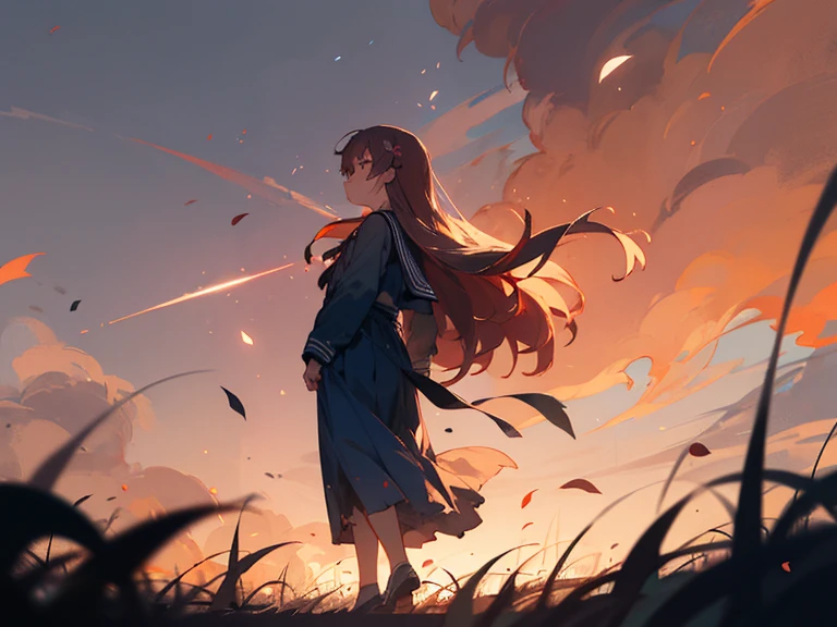 A wide, burnt and desolate flower field。Petals and sparks fly。A small, full-body young girl is depicted in the center at a distance.、Injured and tattered navy blue sailor suit and long skirt、Standing with back turned。long peach-colored hair。Fine clouds in the red sky。Overall, it is dark due to backlighting.。A low eyeliner makes the sky look wider。