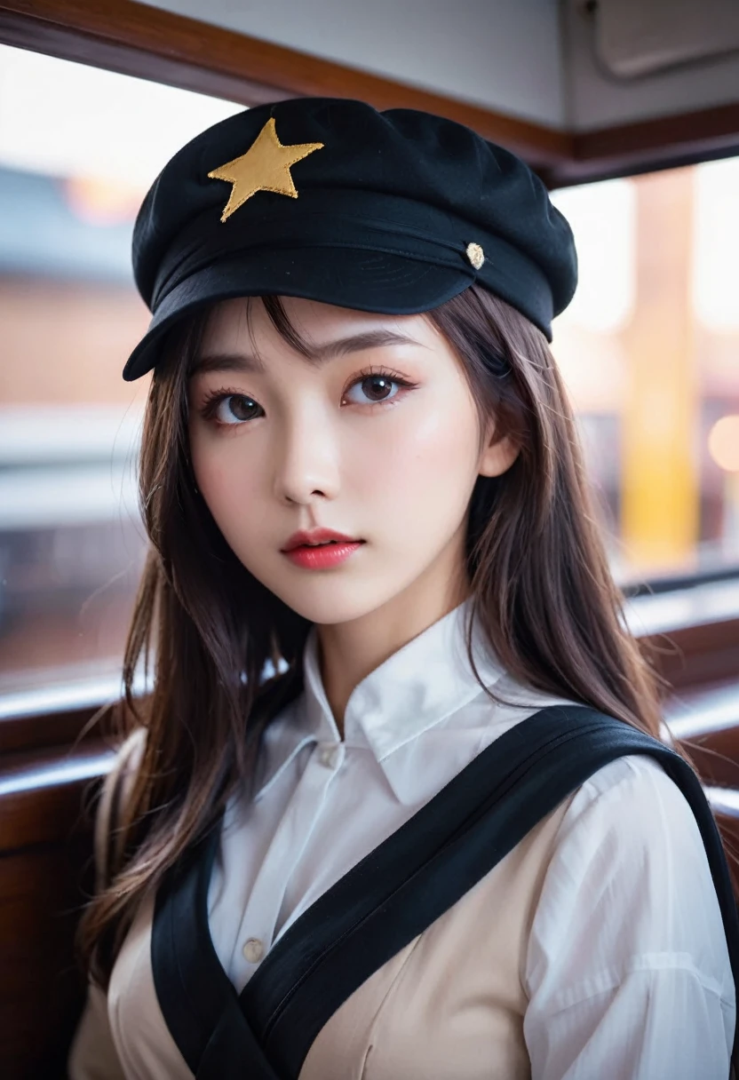 masterpiece, super high quality, Beautiful details, Very detailed,16k, Exquisite, Disorganized, High resolution, Beautiful background, Beautiful Eyes, Beautiful Skin, Anime Style, One Girl, alone, View Viewer, Upper Body, break 

blonde hair, Long Hair, Long, narrow eyes, Brown eyes, Very long eyelashes, very Long Hair, (Fluttering Hair:1.4), Glossy lips, Mouth closed, Expressionless, Slim and tall female body, Supportive long limbs, Very small breasts, break 

(Fur trim:1.1), Jet black Russian hat, Jet Black Capelet, Jet black long boots, break 

night, star \(null\), starry null, null間, steam train flying in the null