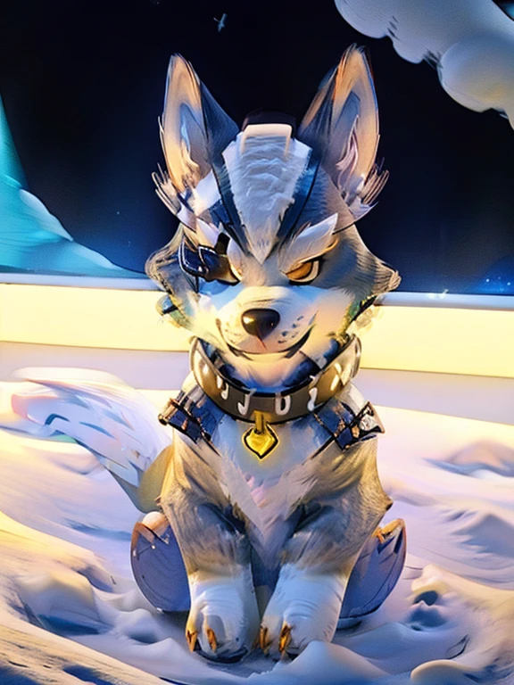 cute snow wolf wearing a collar with the name" WEE" in it and a snow creation behind with the words "AERO"