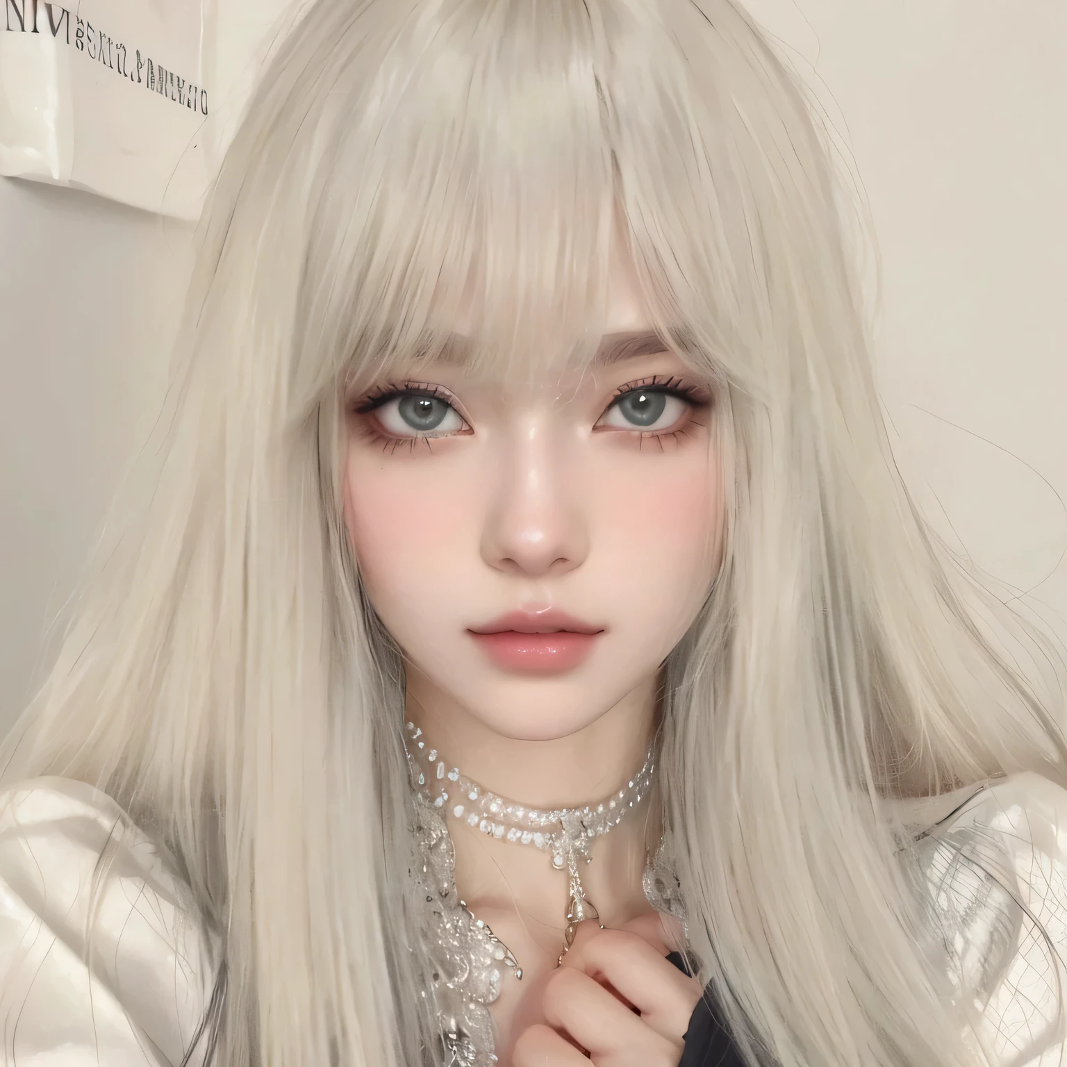 um close de uma mulher com longos cabelos loiros e um colar, retrato realista kawaii, Ulzzang, no art style by bowater, artwork in the style of Guweiz, com cabelo branco, realism art style, estilo de arte realista, Guweiz, rosto bonito de cabelo branco, 🤤 retrato de , longos cabelos brancos e franja