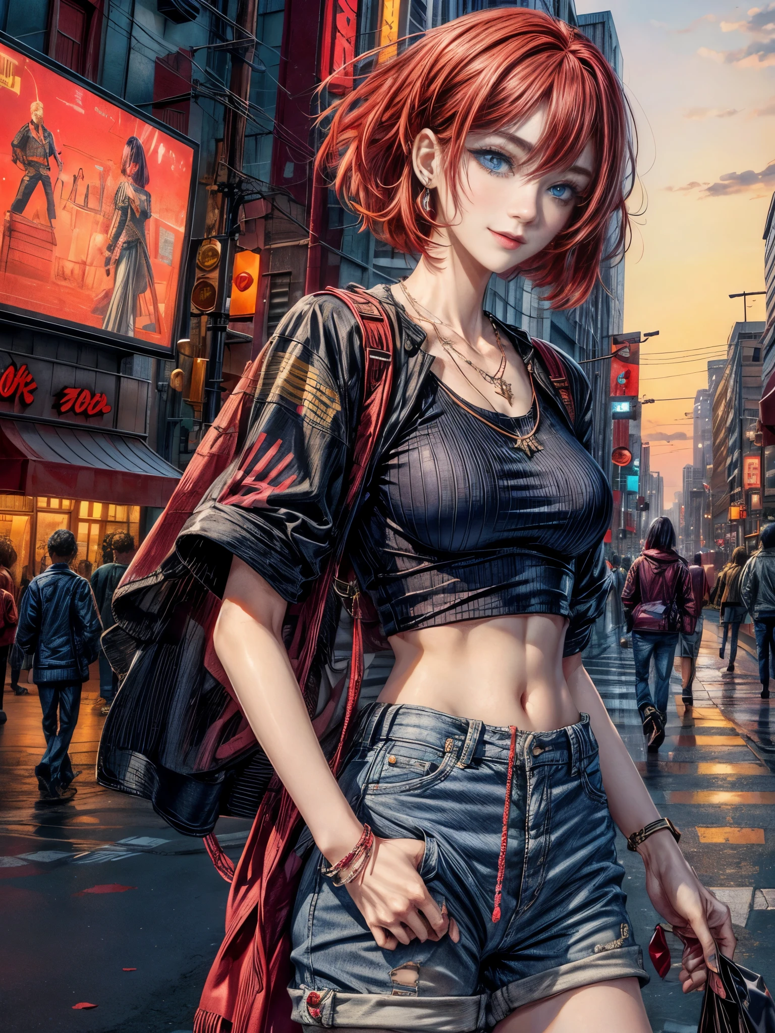 Cinema Lighting、highest quality,Cyberpunk World、1 female、(Beautiful 20year old woman、Beautiful facial details 、Medium Bob Hair、Blue Eyes、GAL make up:1.4)break,(vivid Shiny red Hair Color:1.6)(smile:1.3)
break
(A sexy summer style relaxed oversize long tee shirt in ホワイト、Belly button:1.2),Damaged short pants (necklace)、break.(red Hair)BREAK
(Day.Daytime、Downtown intersection、On the sidewalk、After work:1.2)(sunset、evening:1.5)(Portrait Angle)