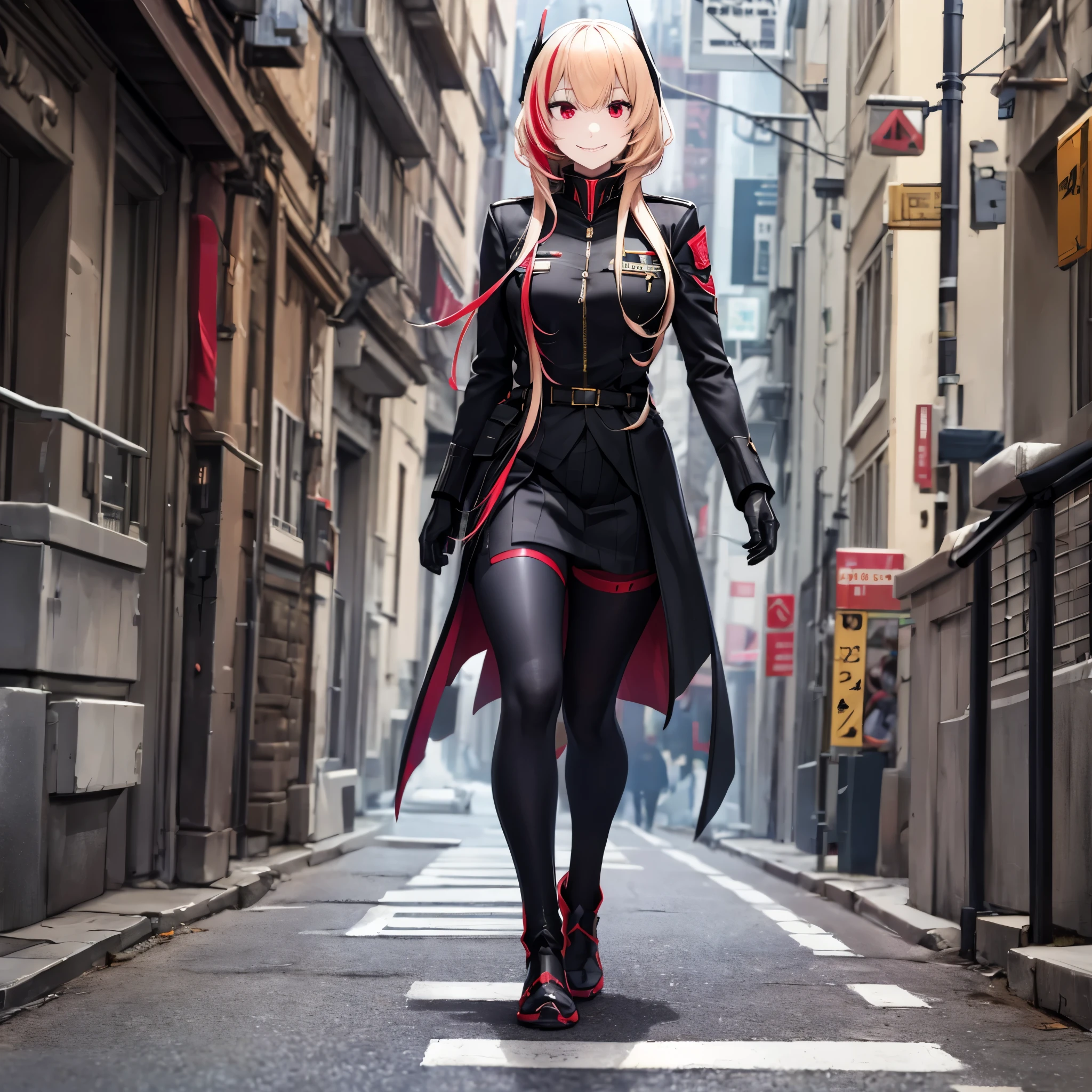 A woman wearing a black uniform with red details, black metal boots, metal gloves, blonde hair, red bangs, red eyes, smiling, full body, walking on the sidewalk outside a military base, stereogram, tachi-e, point of view, atmospheric perspective, 8k, superdetail, accurate, best quality, award-winning, textured skin, high resolution, anatomically correct, bokeh effect, ((woman solo).
