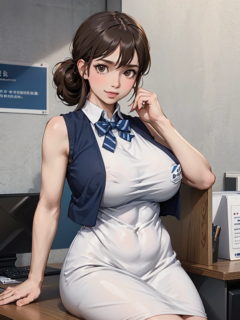 1lady solo, sitting, office worker, ((navy vest:1.1) over white sleeveless dress shirt), mature female, /(dark brown hair/), kind smile, (masterpiece best quality:1.2) delicate illustration ultra-detailed, large breasts, bowtie BREAK (modern office) indoors, (reception desk), (stylish company logo on wall) , detailed background, (showing hairy armpit hair)