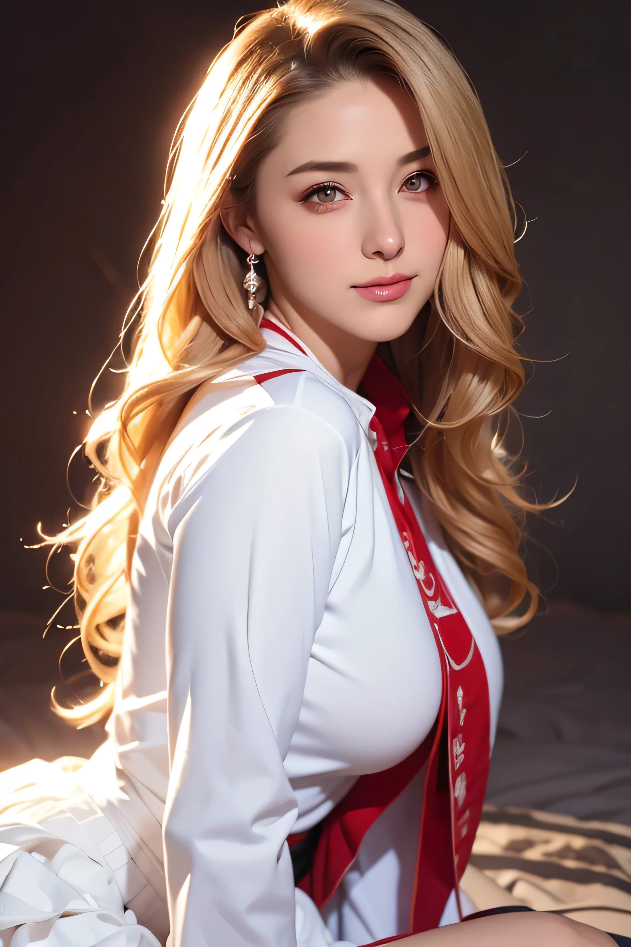 18 year old beautiful girl, Big eyes, Big Breasts, thin, 8k, highest quality, (Very detailed head: 1.0), (Highly detailed face: 1.0), (Very thin hair: 1.0), Maid clothes, High-resolution official artwork, Anime Moe Art Style, Beautiful and detailed anime art, smile, Blonde, Sleek Long Hair,((wearing a crimson suit, shirt, white skirt:1.2),