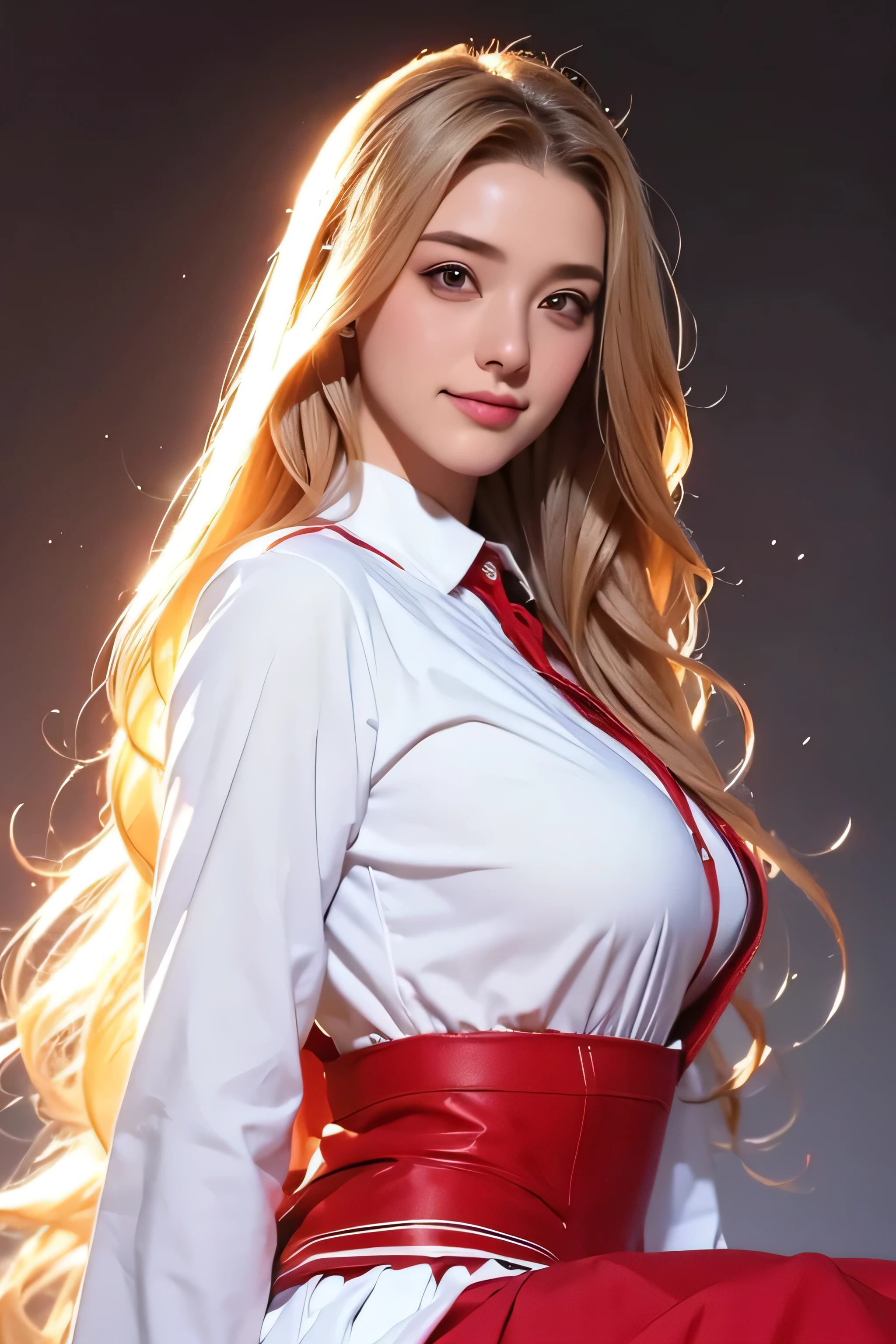 18 year old beautiful girl, Big eyes, Big Breasts, thin, 8k, highest quality, (Very detailed head: 1.0), (Highly detailed face: 1.0), (Very thin hair: 1.0), Maid clothes, High-resolution official artwork, Anime Moe Art Style, Beautiful and detailed anime art, smile, Blonde, Sleek Long Hair,((wearing a crimson suit, shirt, white skirt:1.2),