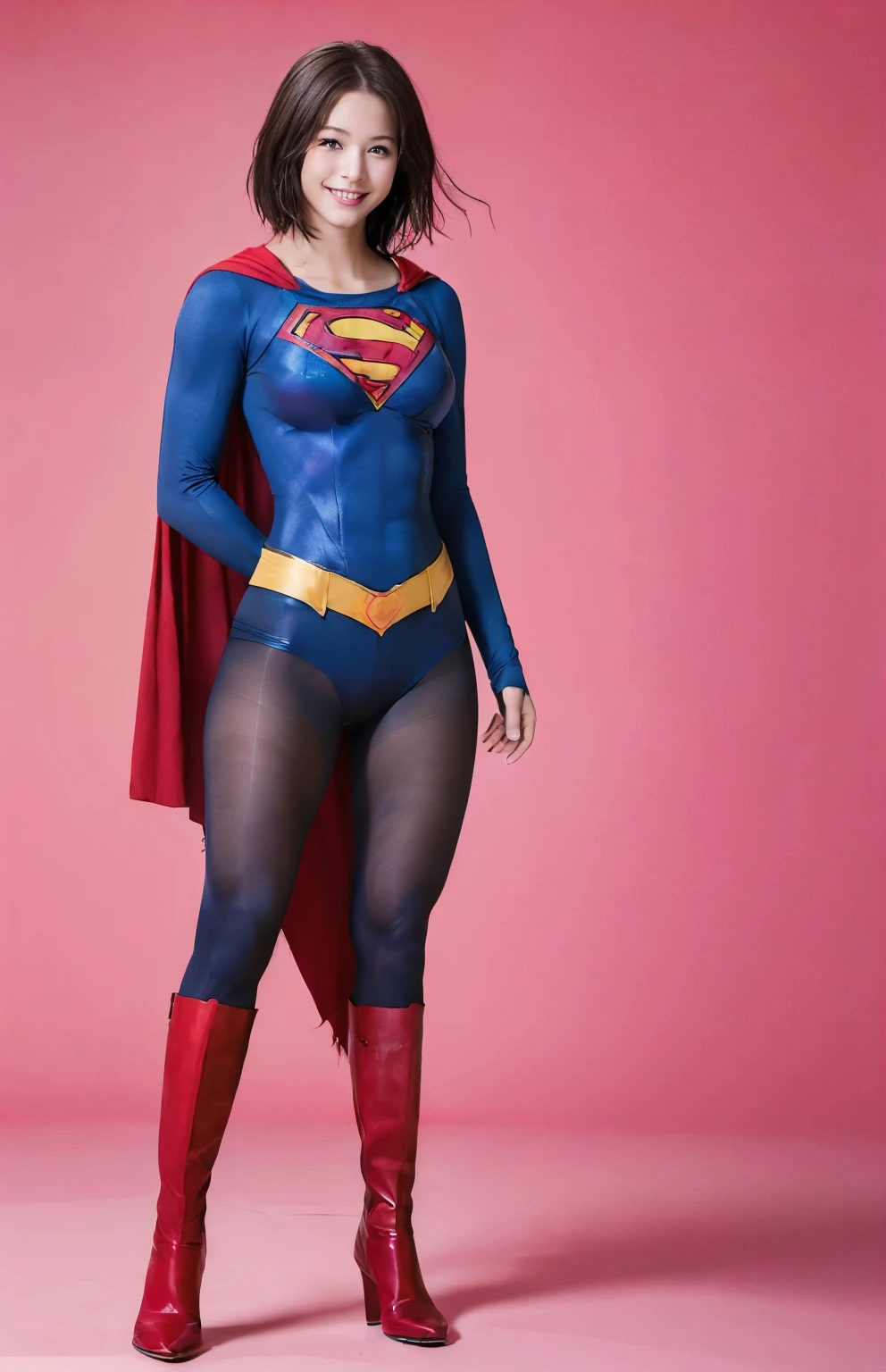 No background、(((Beautiful legs in black tights.)))、(((Legally express the beauty of your smile)))、((((Make the most of your original images)))、(((Body-hugging Supergirl costume)))、(((Supergirl Costume)))、(((Beautiful short bob hair)))、(((She is winking cutely.)))、(((Please wear black tights....、Wear red boots)))、((Best image quality、8k))、((highest quality、8k、masterpiece:1.3))、(((Preserve background )))、Sharp focus:1.2、Beautiful woman with perfect figure:1.4、Slim Abs:1.2、Wet body:1.5、Highly detailed face and skin texture、8k